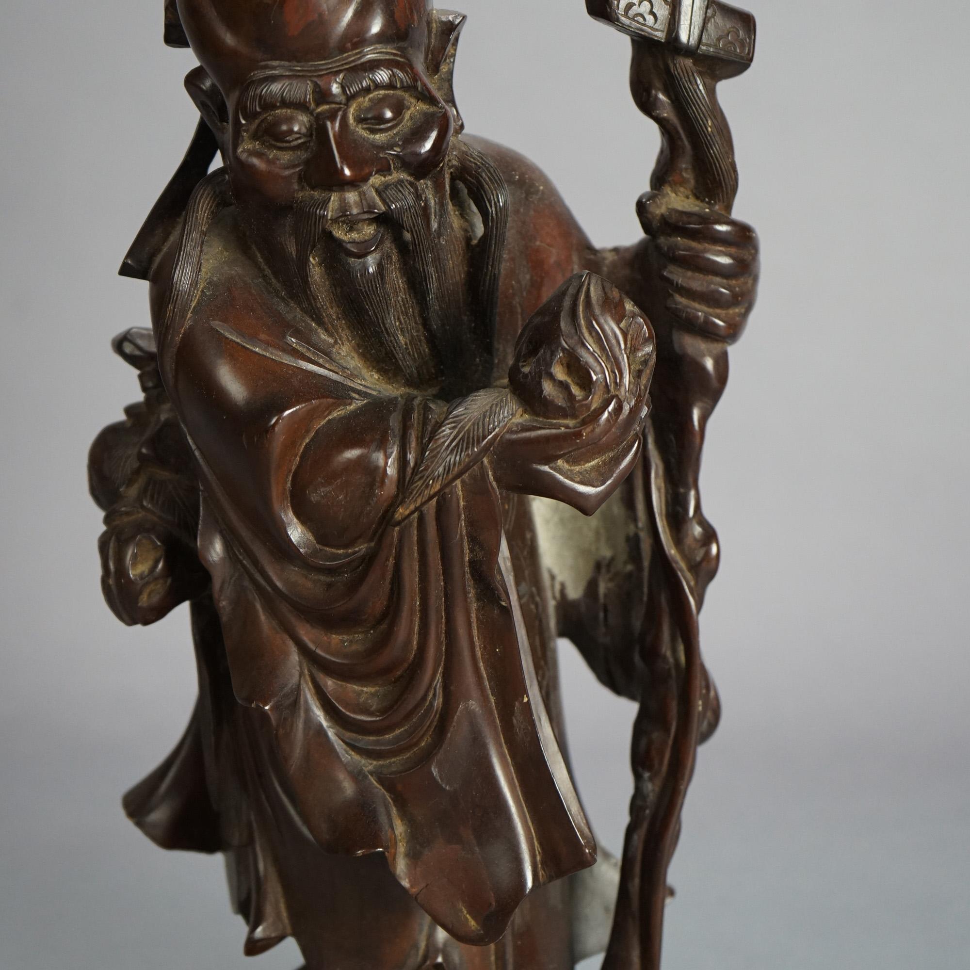 Asian Carved Rosewood Standing Buddha or Wise Man Figure C1940 In Good Condition For Sale In Big Flats, NY