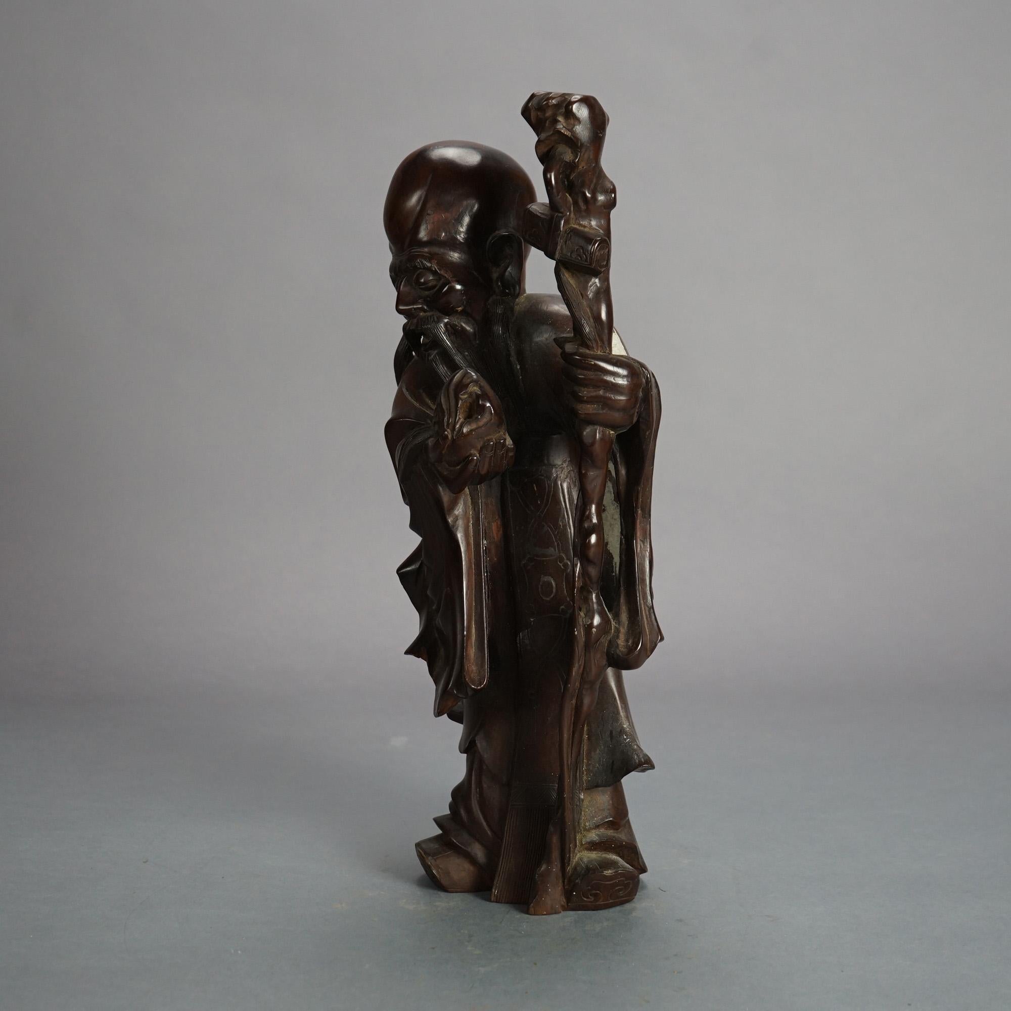 Asian Carved Rosewood Standing Buddha or Wise Man Figure C1940 For Sale 1