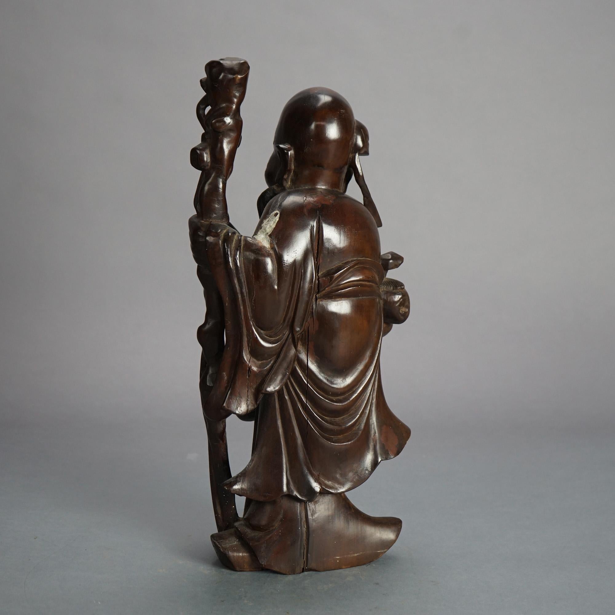 Asian Carved Rosewood Standing Buddha or Wise Man Figure C1940 For Sale 2
