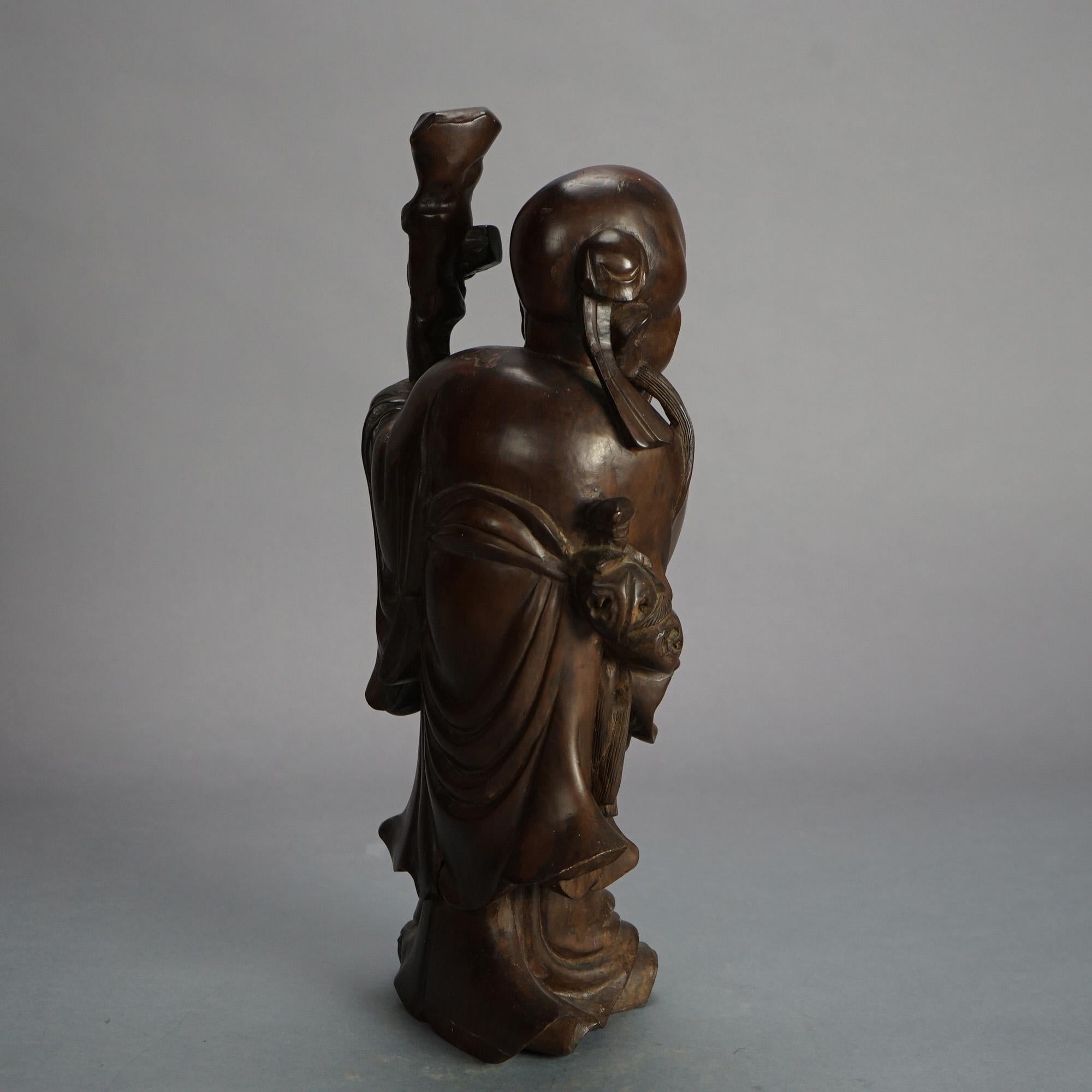 Asian Carved Rosewood Standing Buddha or Wise Man Figure C1940 For Sale 4