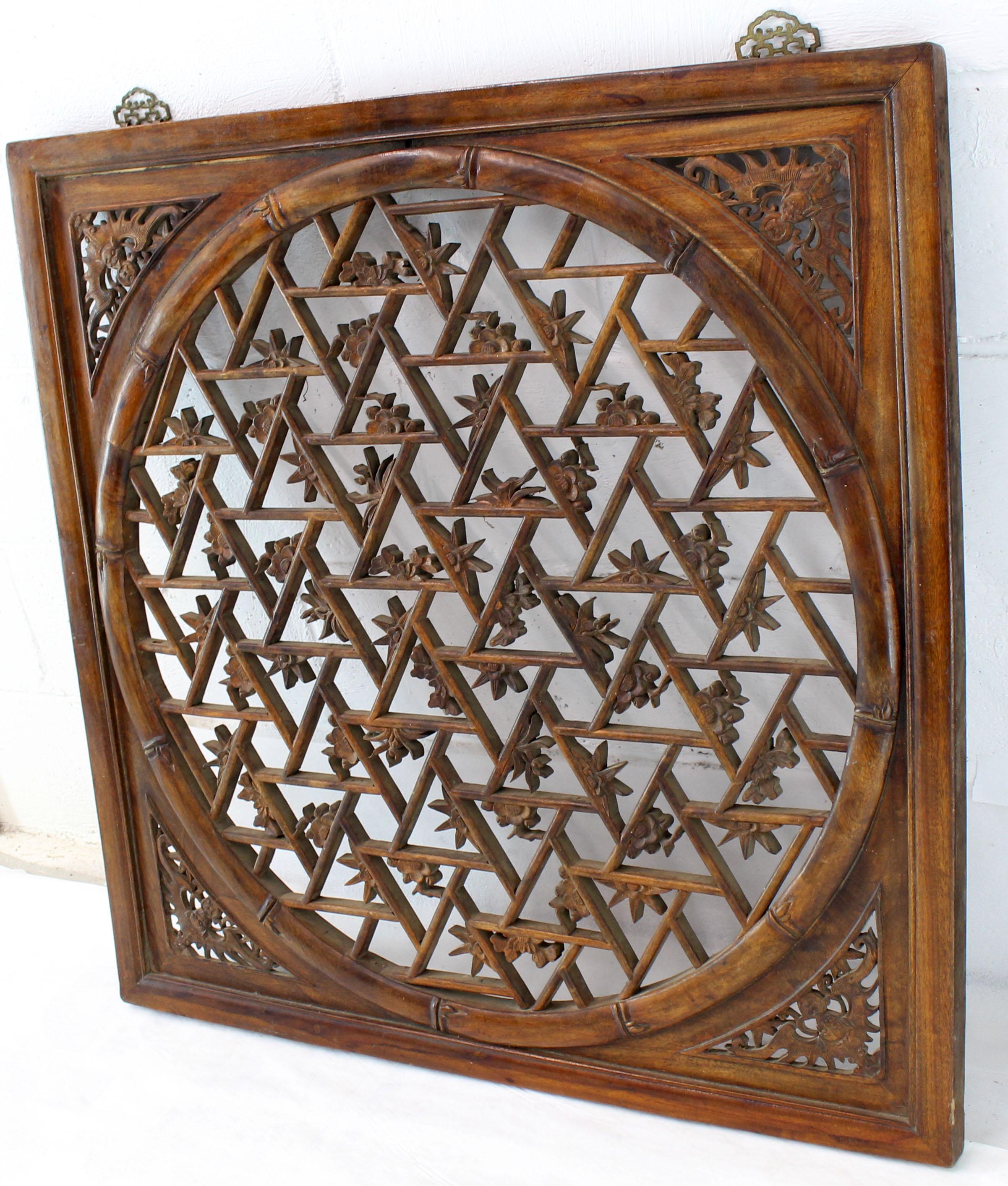 Asian Carved Square Wall Panel Sculpture Hanging In Excellent Condition In Rockaway, NJ