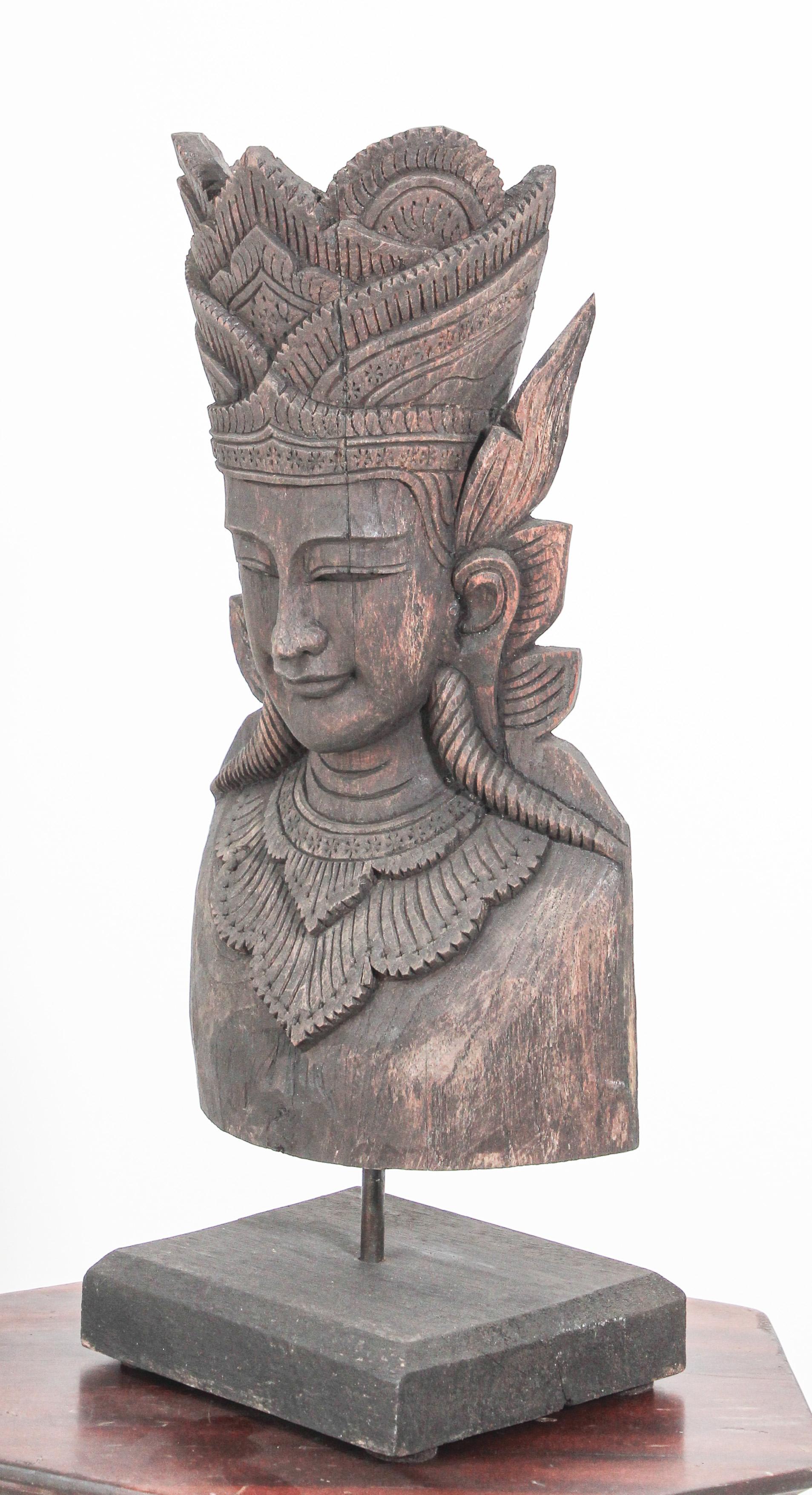 Asian Carved Wood Crowned Buddha Head, Nepal 4