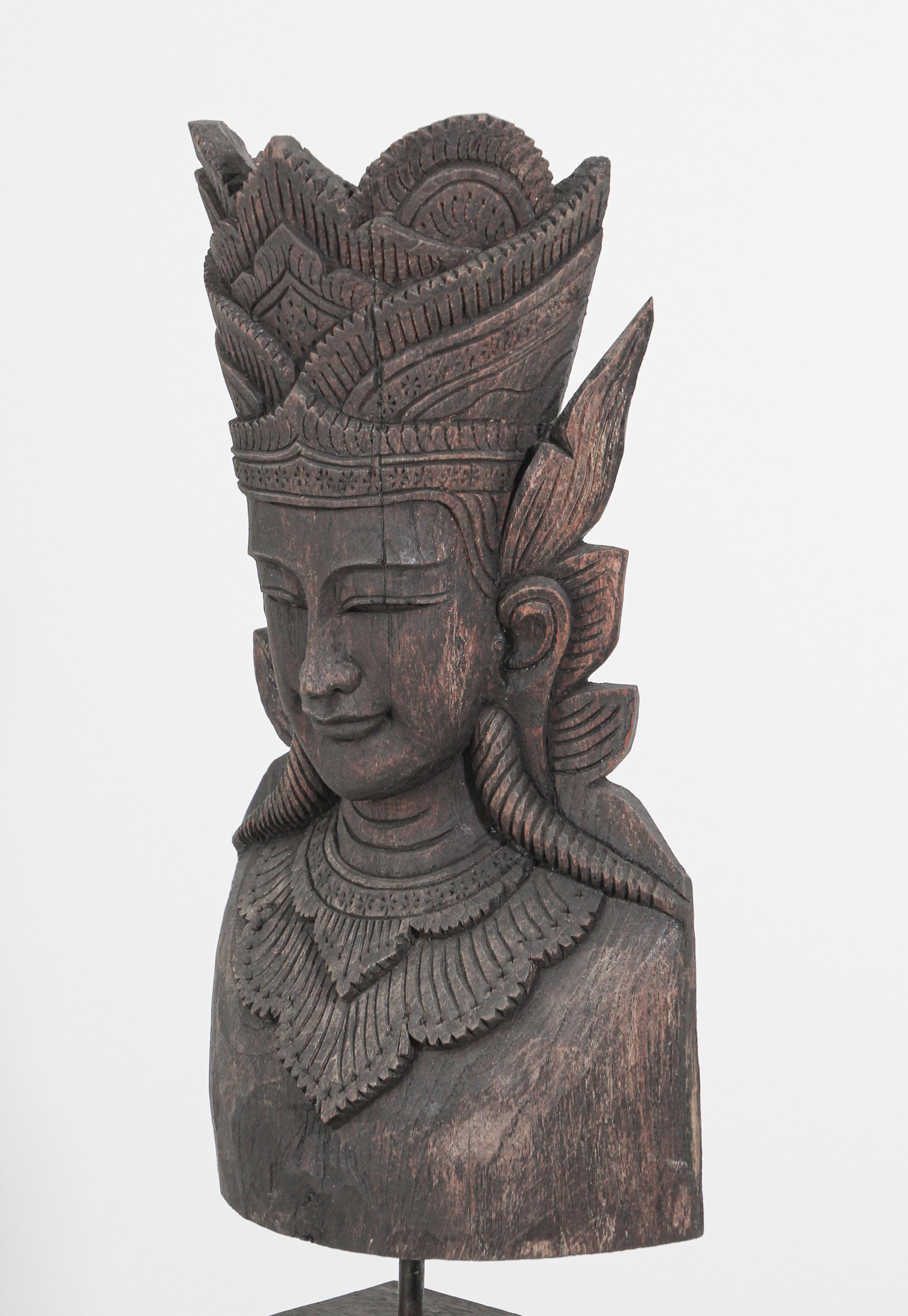 Asian Carved Wood Crowned Buddha Head, Nepal 5