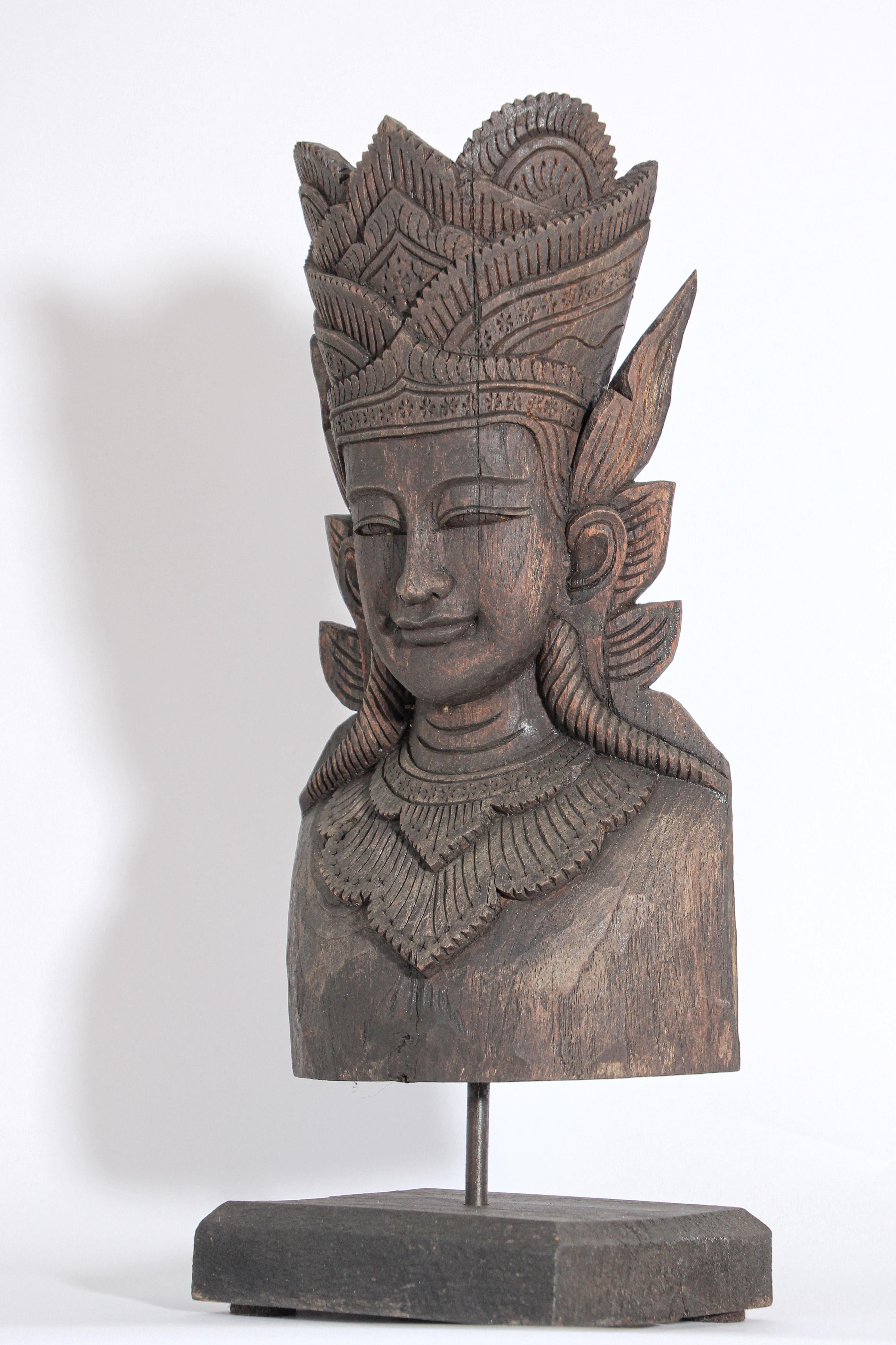 Asian Carved Wood Crowned Buddha Head, Nepal 11