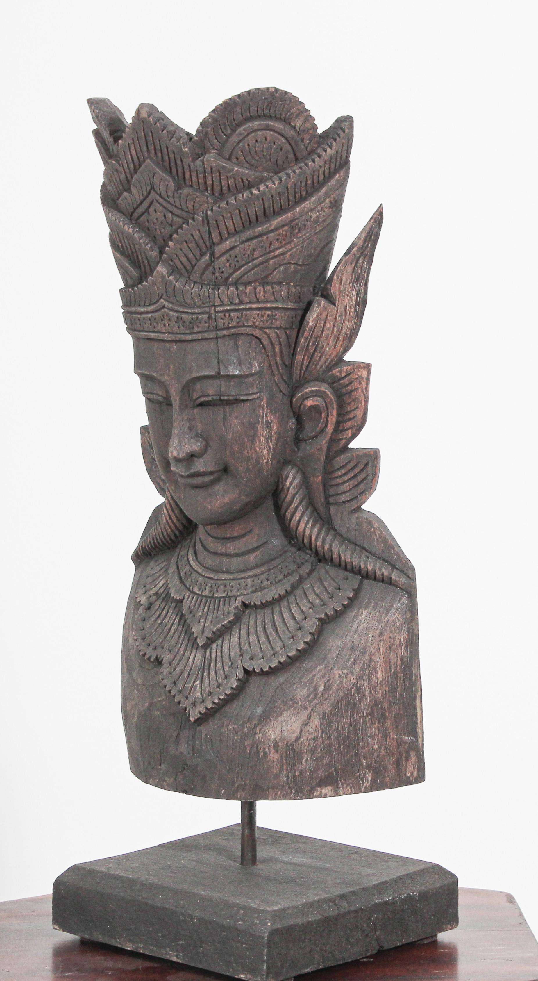 Folk Art Asian Carved Wood Crowned Buddha Head, Nepal