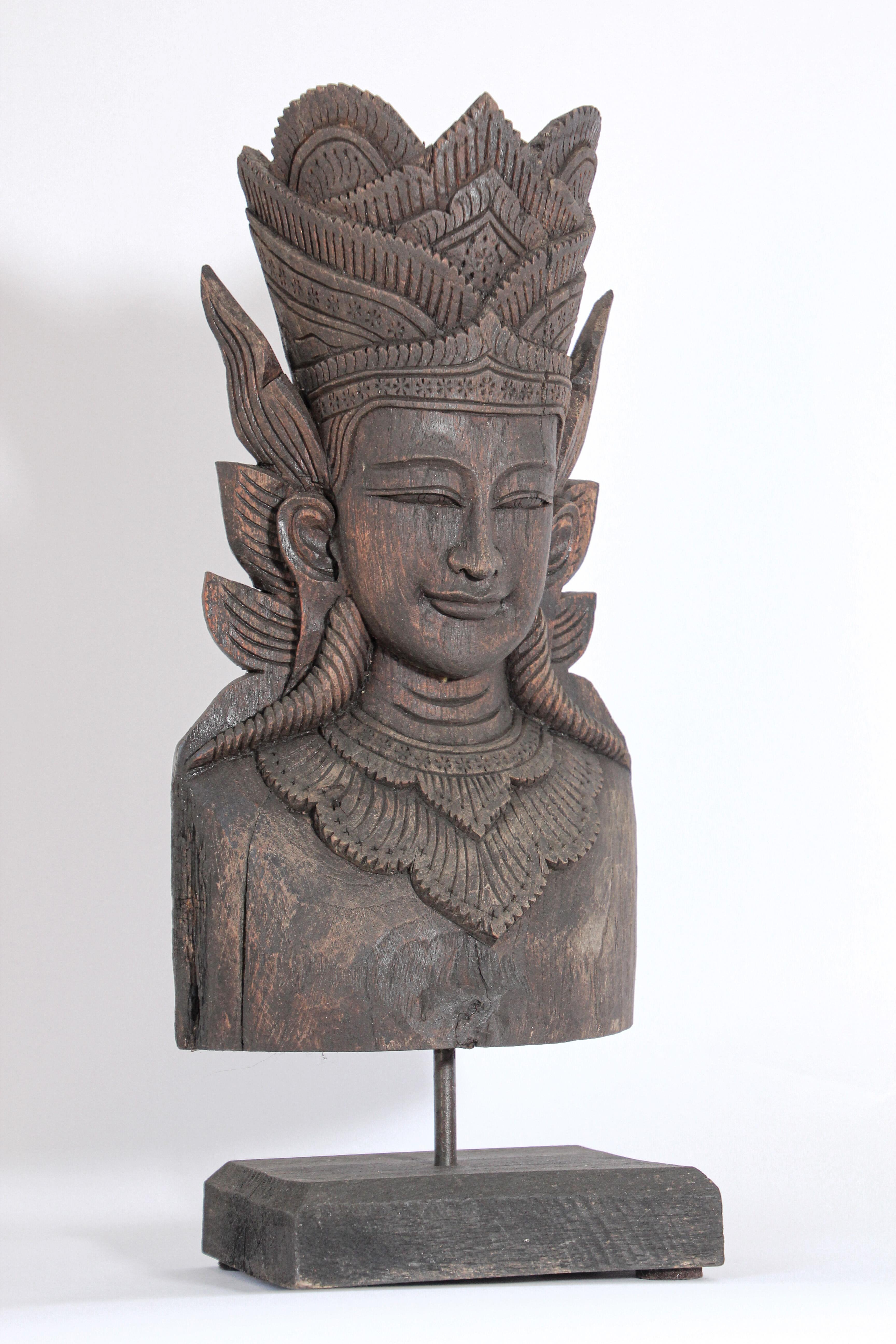 Nepalese Asian Carved Wood Crowned Buddha Head, Nepal