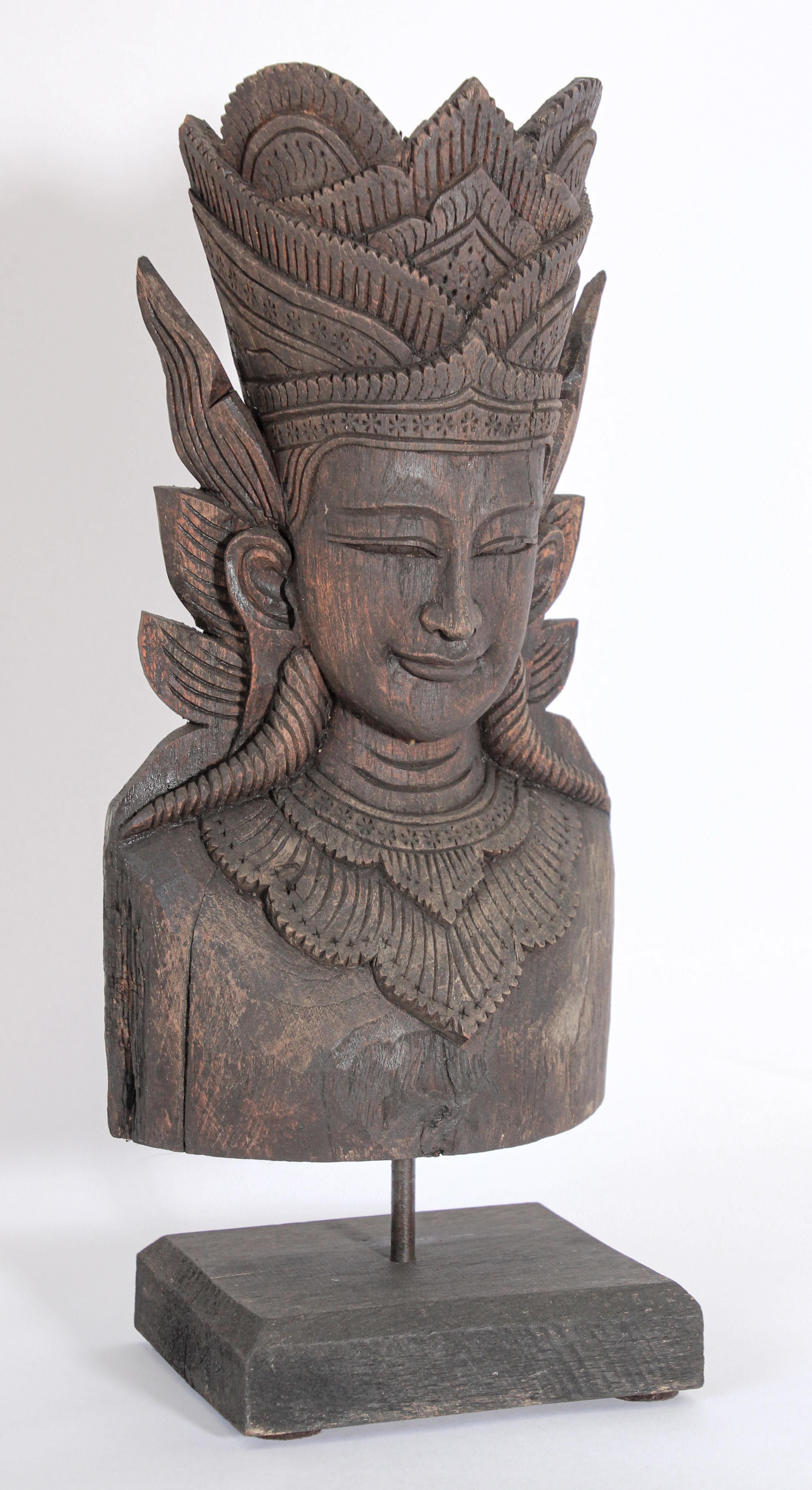 Hand-Carved Asian Carved Wood Crowned Buddha Head, Nepal