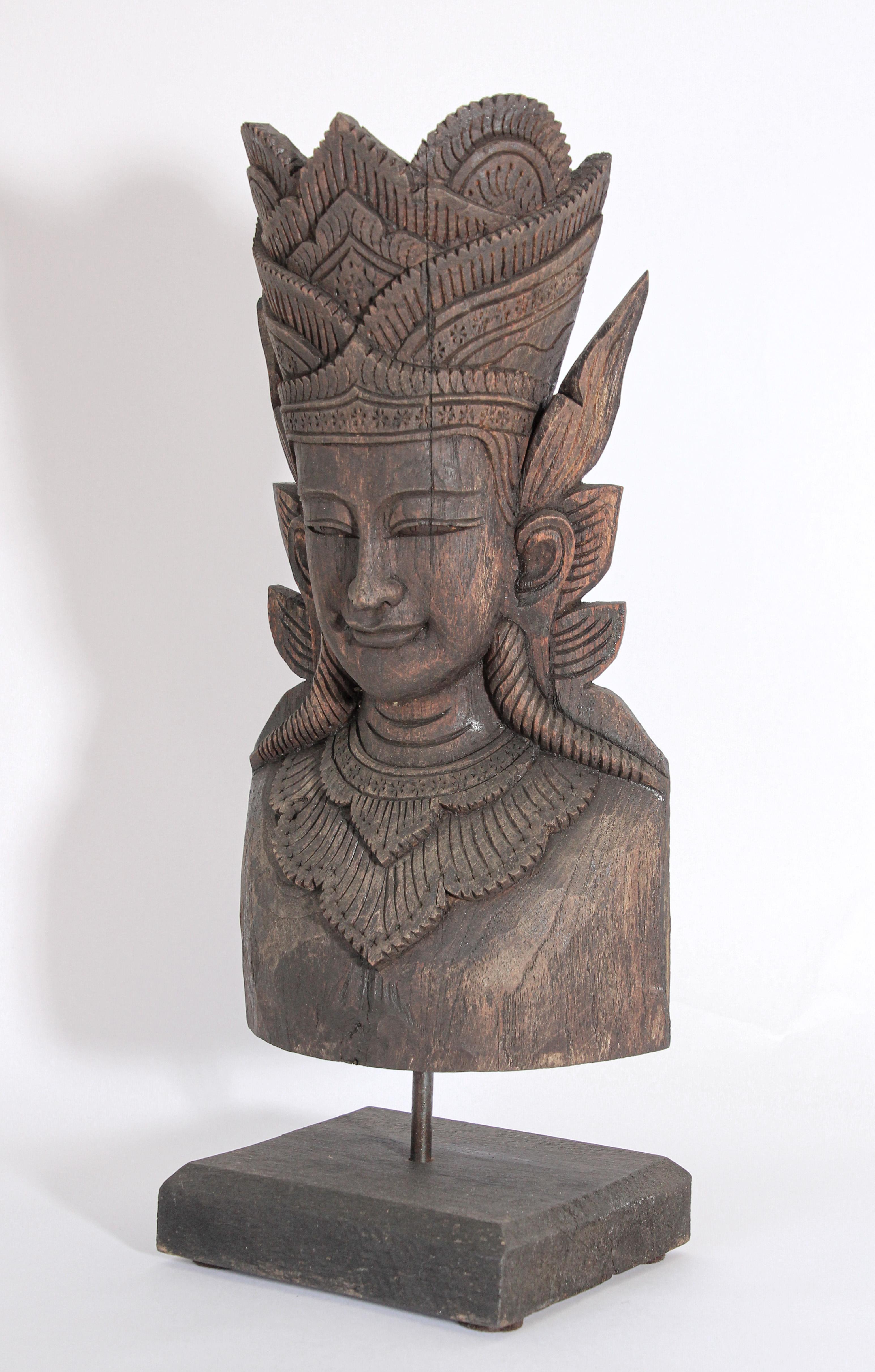 Asian Carved Wood Crowned Buddha Head, Nepal In Good Condition In North Hollywood, CA