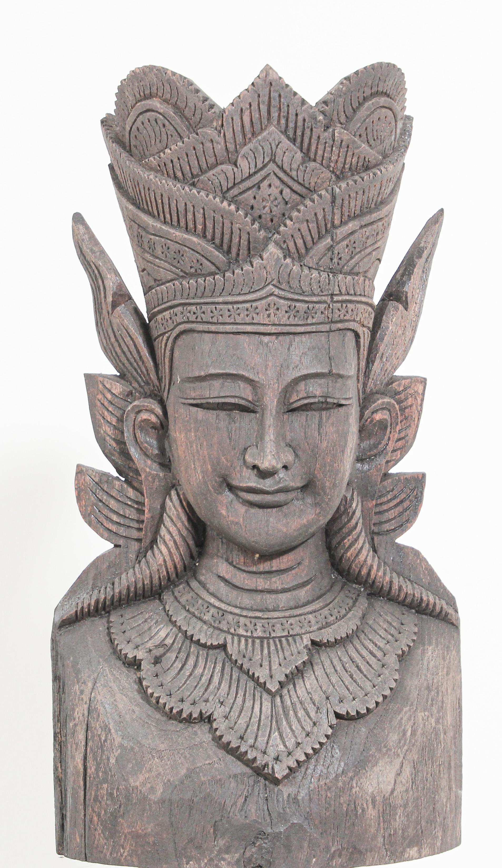 20th Century Asian Carved Wood Crowned Buddha Head, Nepal