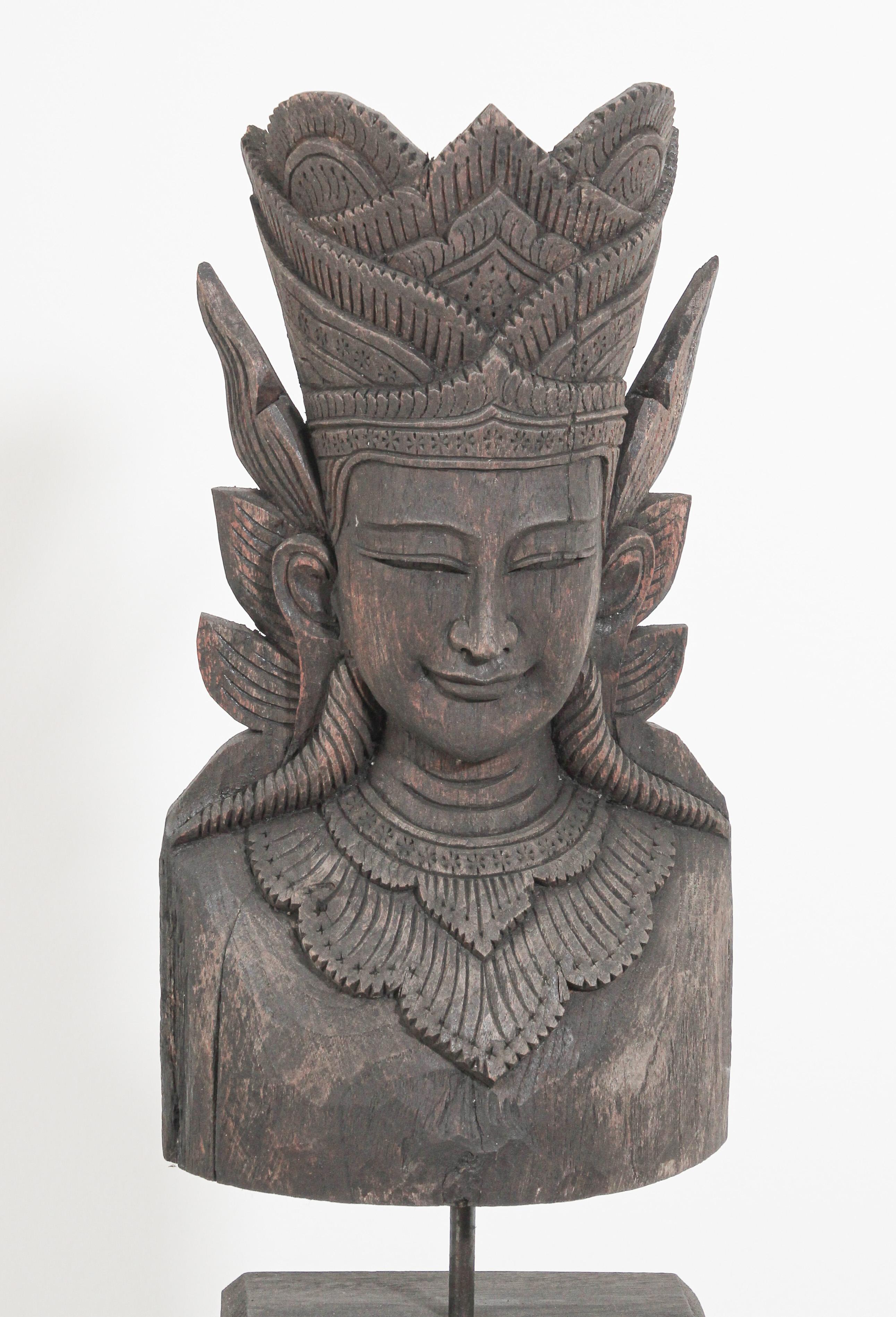 Asian Carved Wood Crowned Buddha Head, Nepal 1