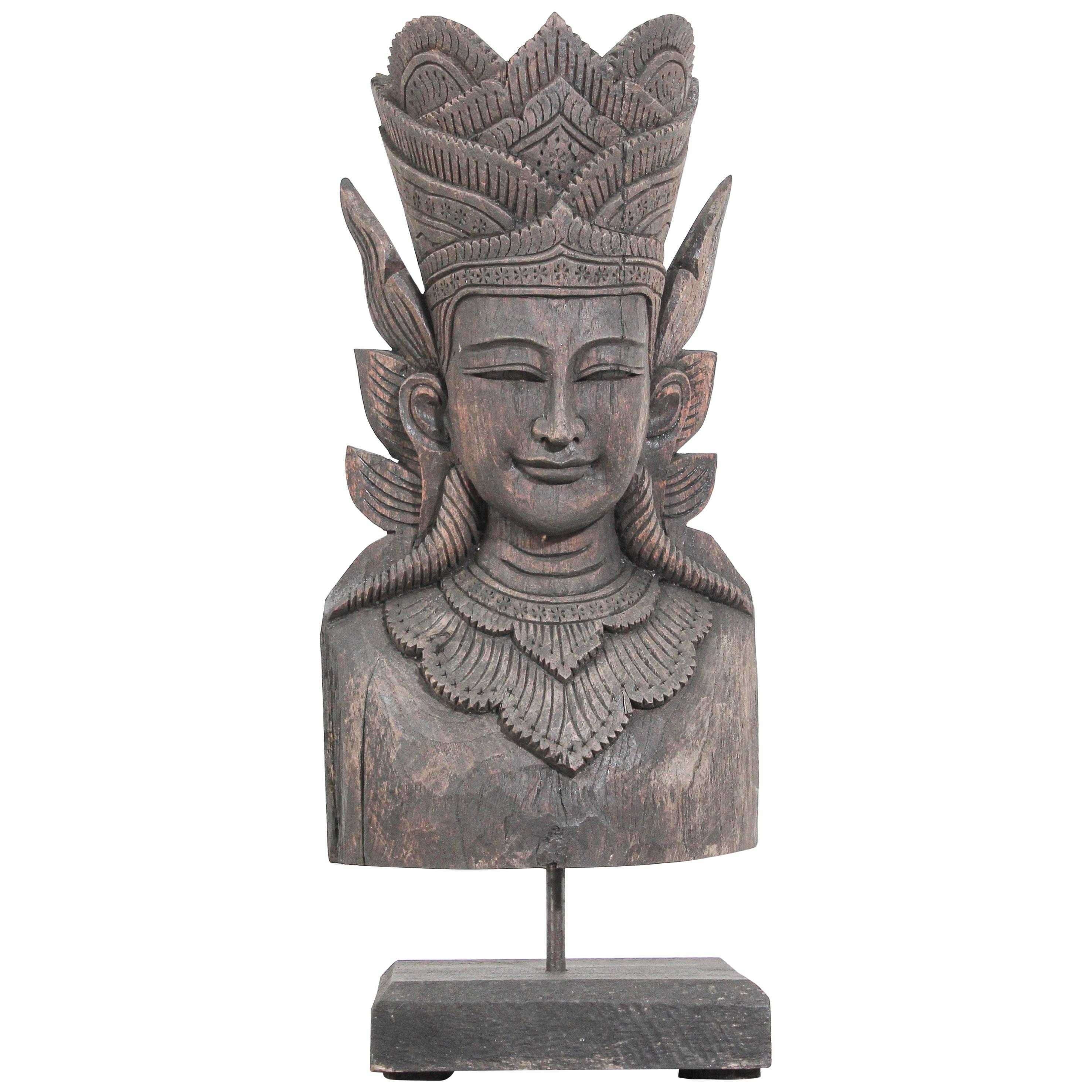 Asian Carved Wood Crowned Buddha Head, Nepal