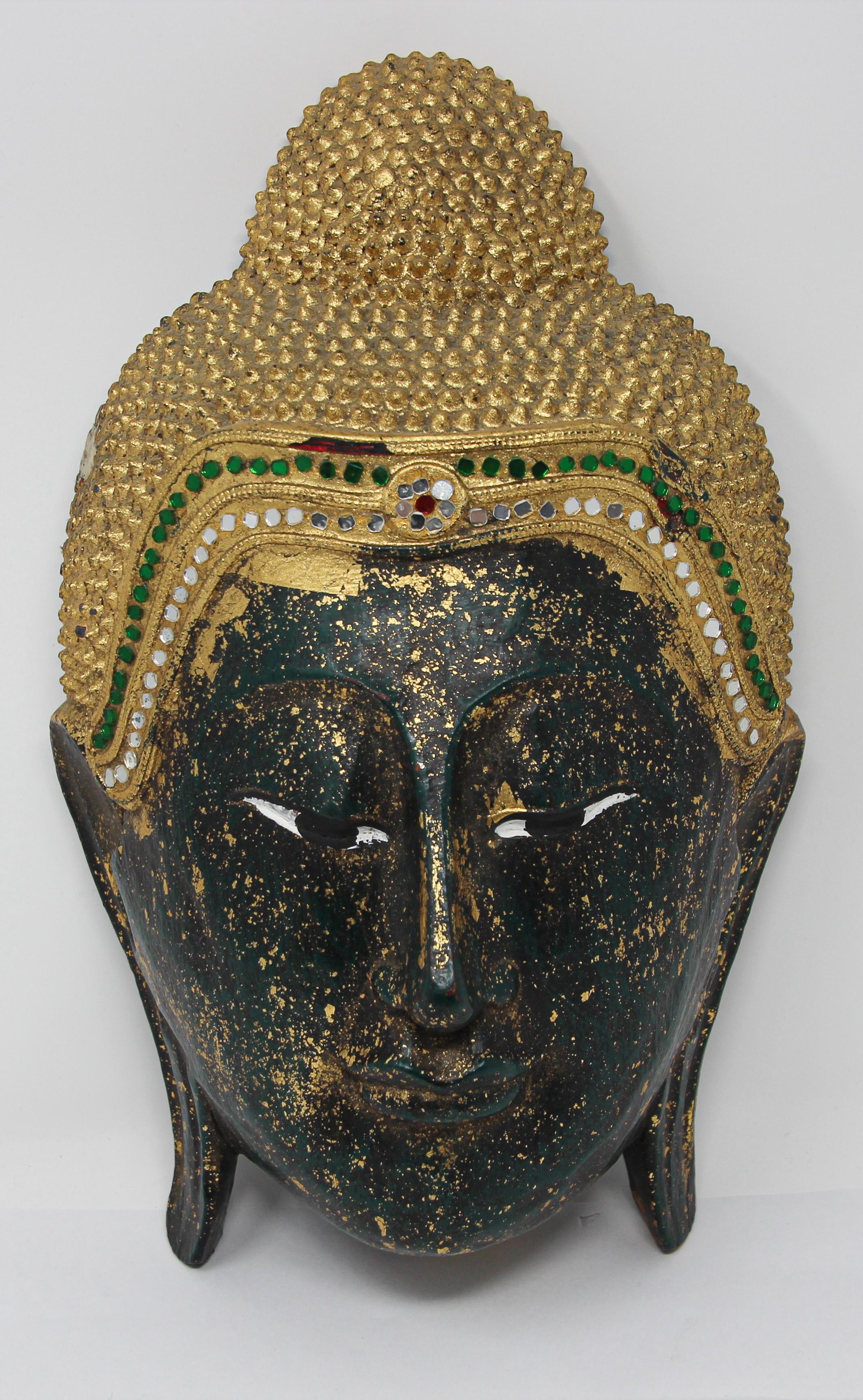 Folk Art Asian Carved Wood Crowned Buddha Head Thailand