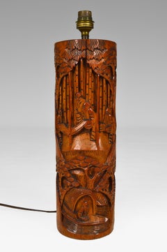Asian Carved Wooden Lamp, circa 1940