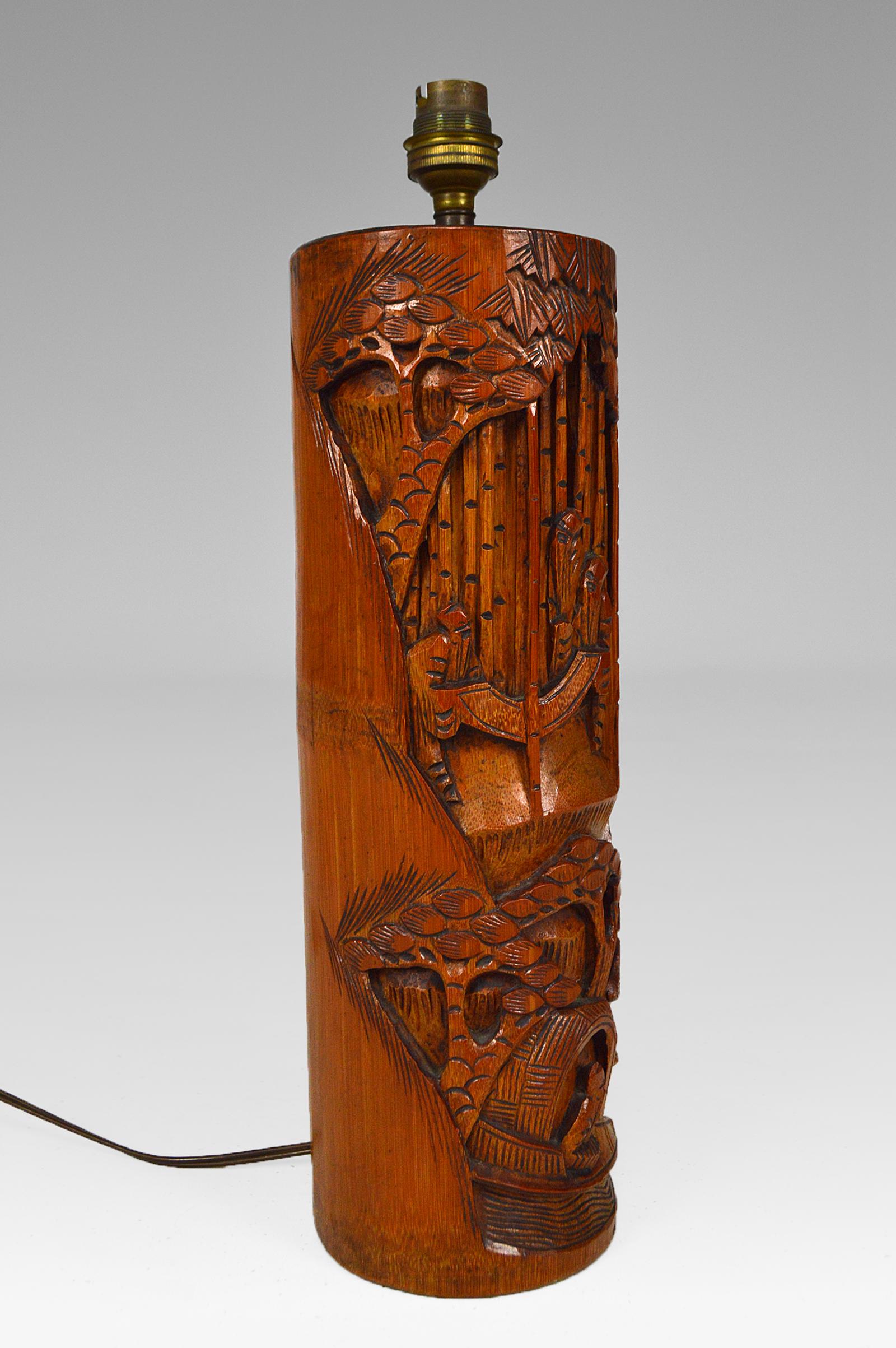 Asian Carved Wooden Lamp, circa 1940 For Sale 1