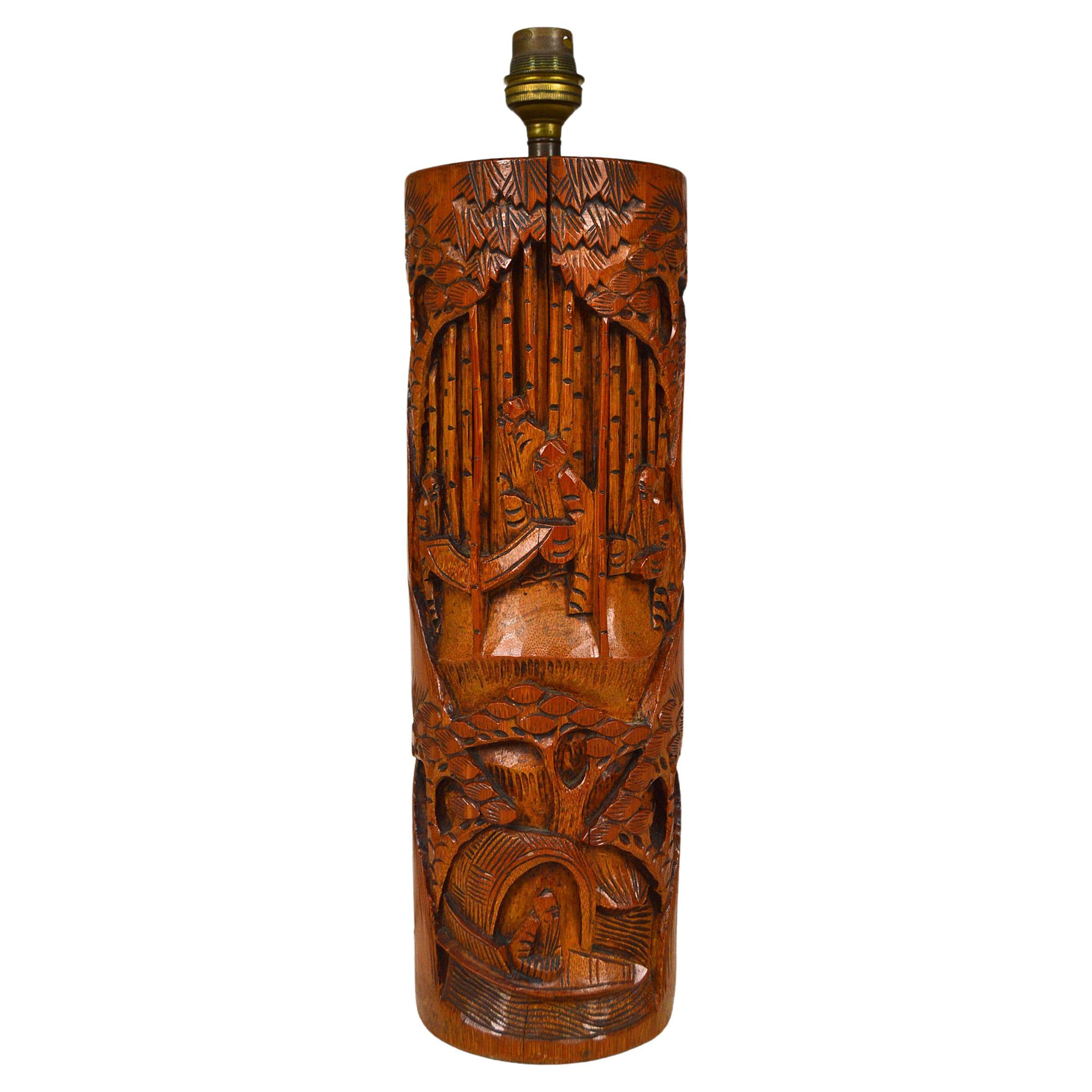 Asian Carved Wooden Lamp, circa 1940
