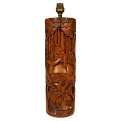 Vintage Asian Carved Wooden Lamp, circa 1940
