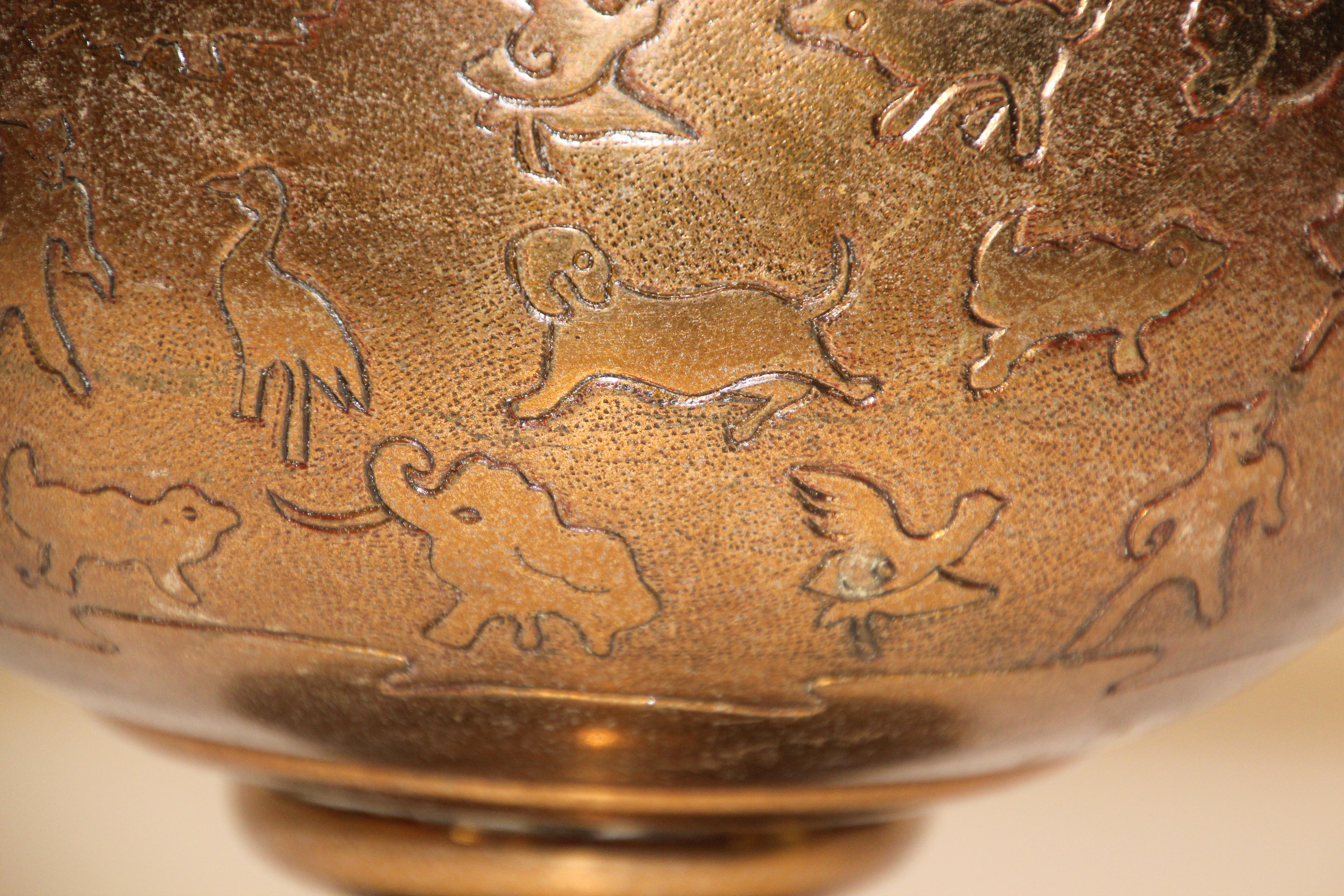 Chinese Asian Cast Brass Footed Vessel with Animals Designs For Sale
