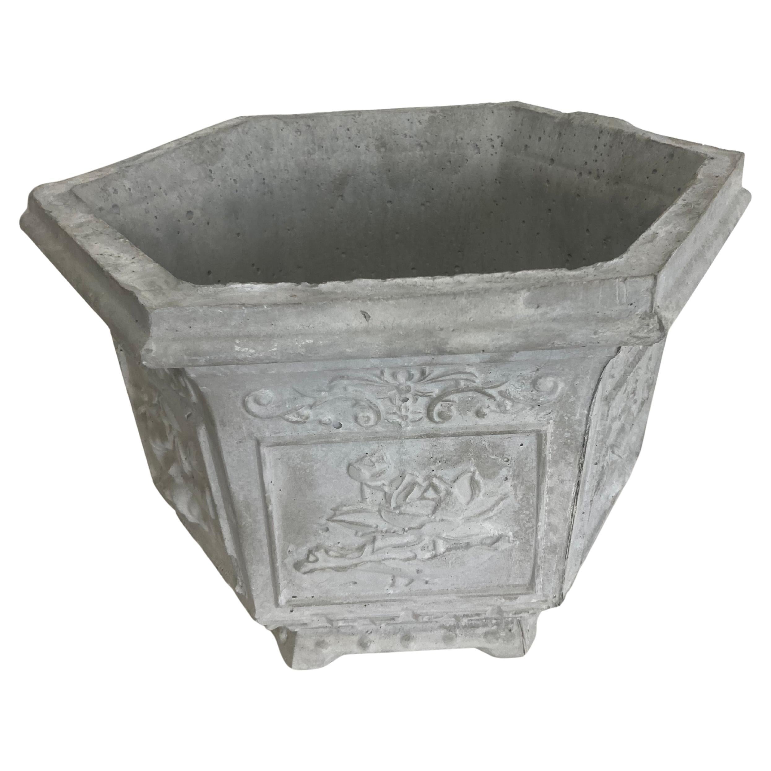 Asian Cast Stone Cache Pot, Chinoiserie Design, 11x10x7 Inches For Sale