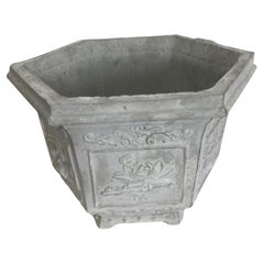 Asian Cast Stone Cache Pot, Chinoiserie Design, 11x10x7 Inches
