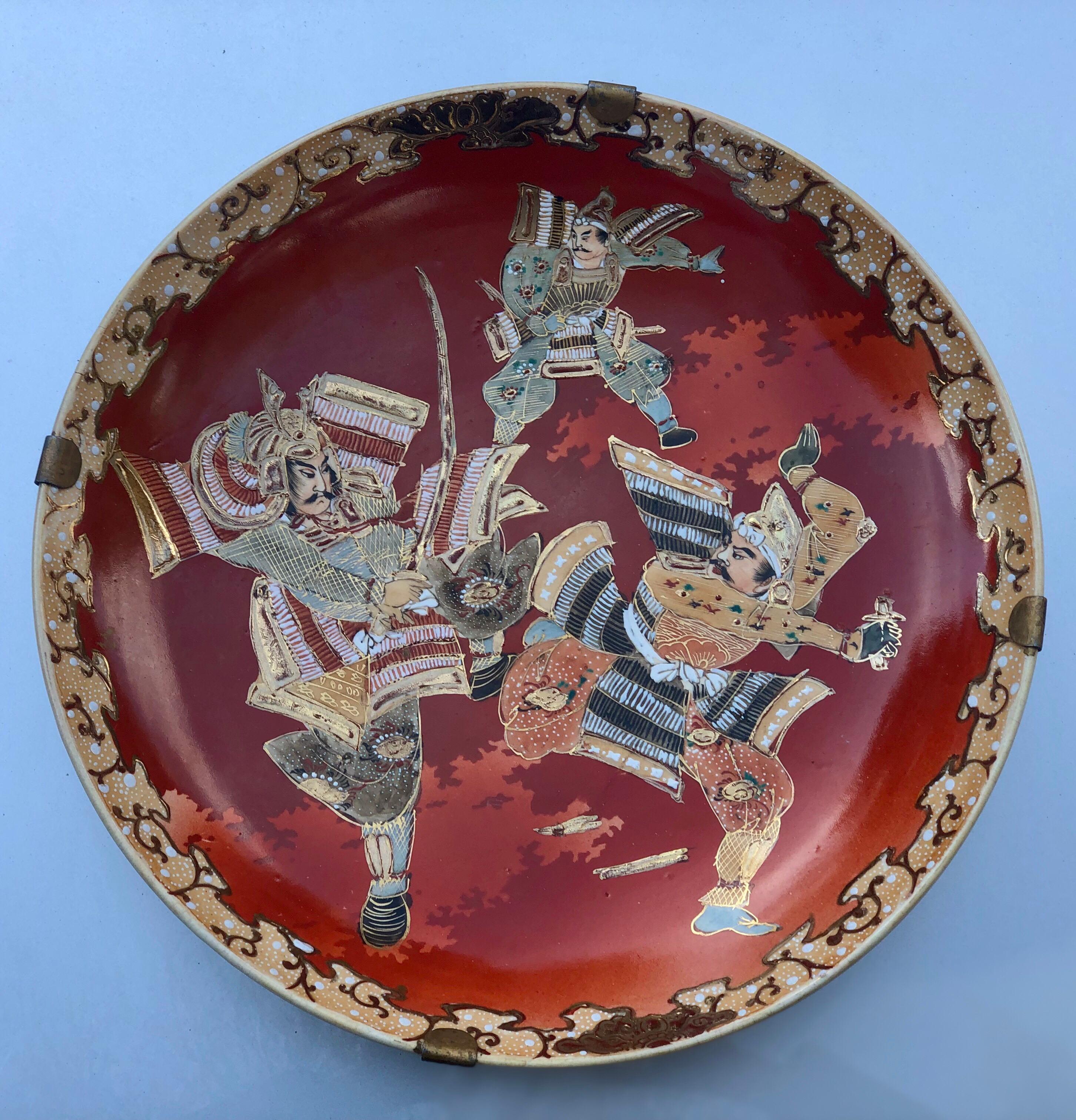 Asian ceramic three Samurai Warriors red big Chinese hand painted wall plate.