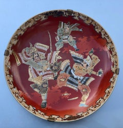 Asian Ceramic Three Samurai Warriors Red Big Japanese Hand Painted Wall Plate
