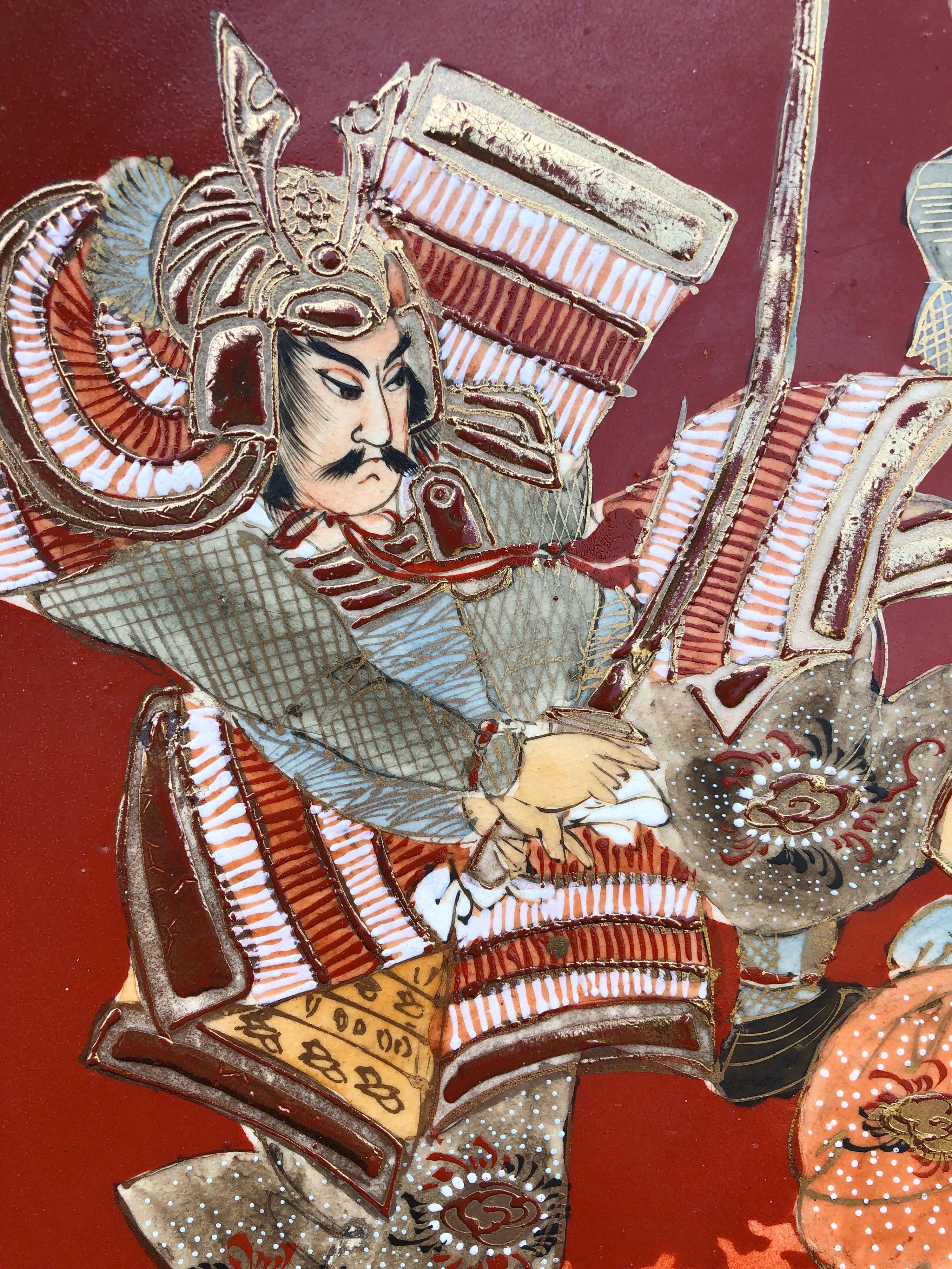 Chinoiserie Asian Ceramic Three Samurai Warriors Red Big Japanese Hand Painted Wall Plate