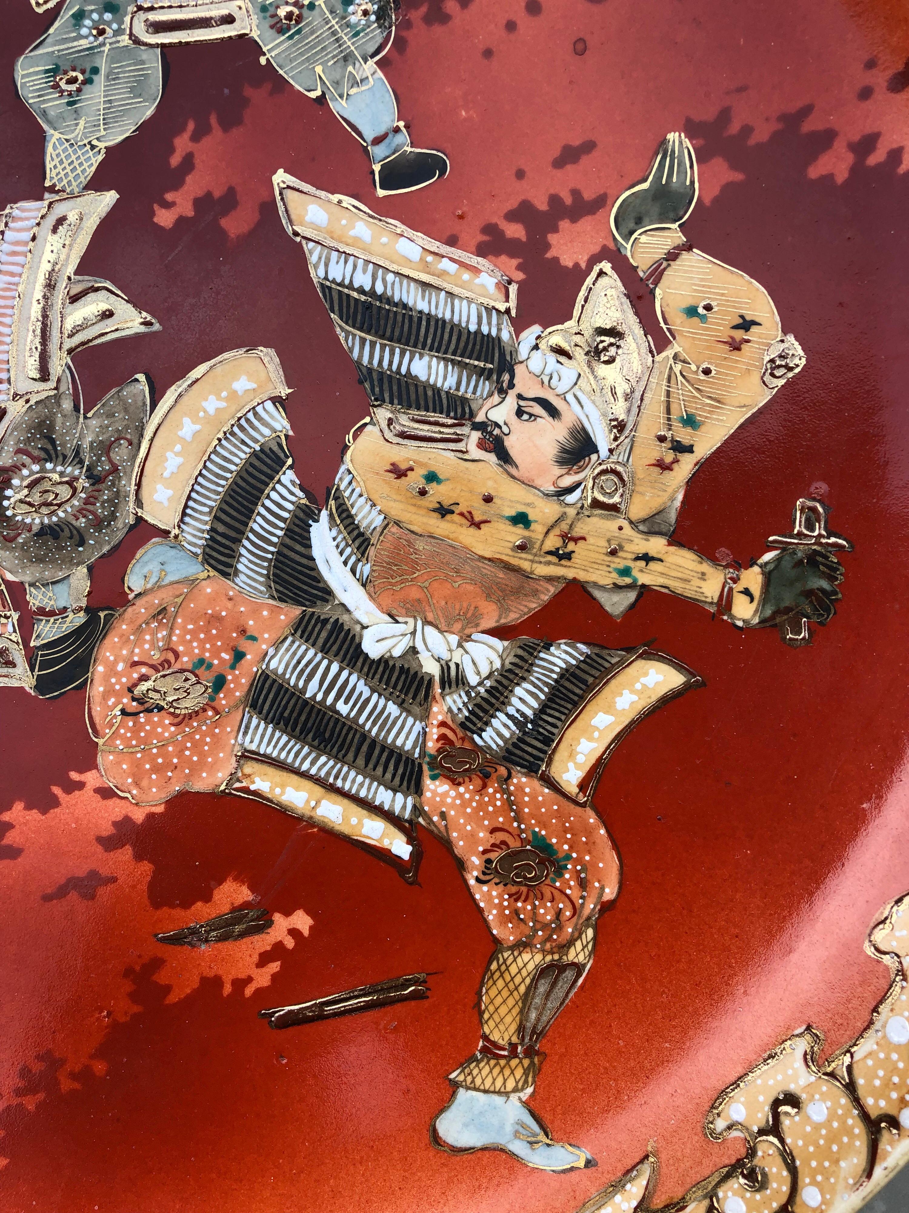 Hand-Painted Asian Ceramic Three Samurai Warriors Red Big Japanese Hand Painted Wall Plate