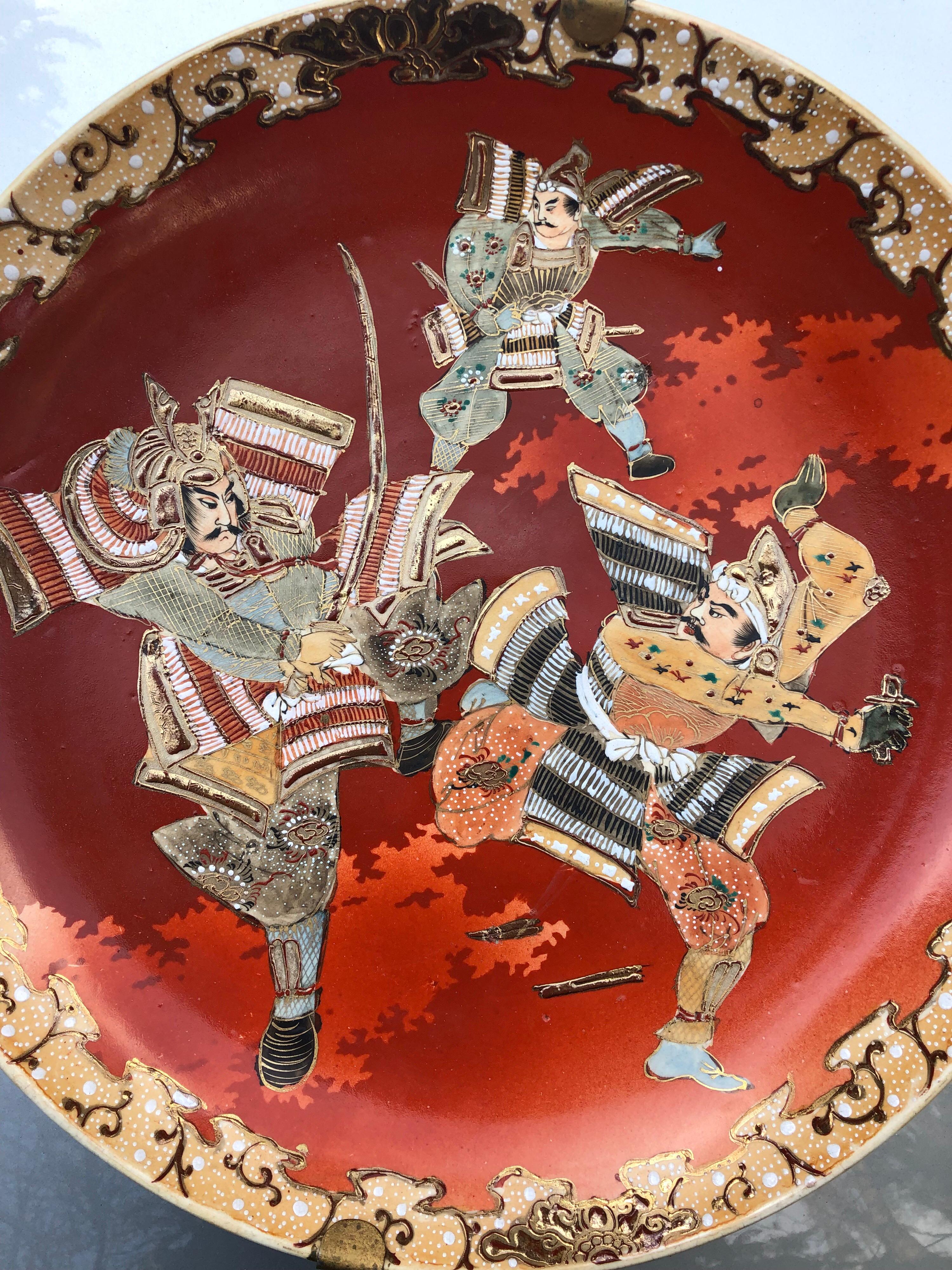 Asian Ceramic Three Samurai Warriors Red Big Japanese Hand Painted Wall Plate In Good Condition In Sofia, BG