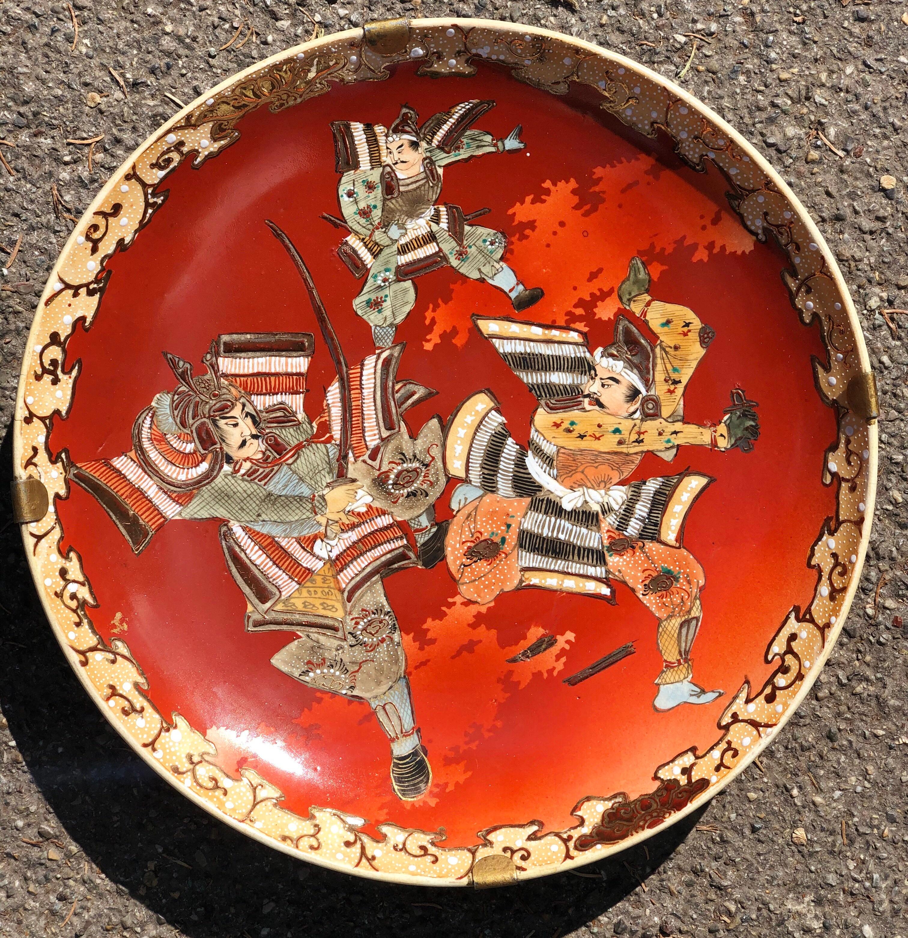 Asian Ceramic Three Samurai Warriors Red Big Japanese Hand Painted Wall Plate 2