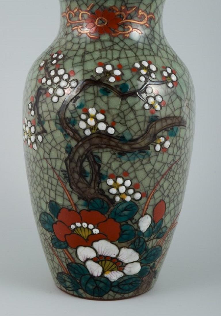 Glazed Asian Ceramic Vase, Hand-Painted with Classic Floral Motif For Sale