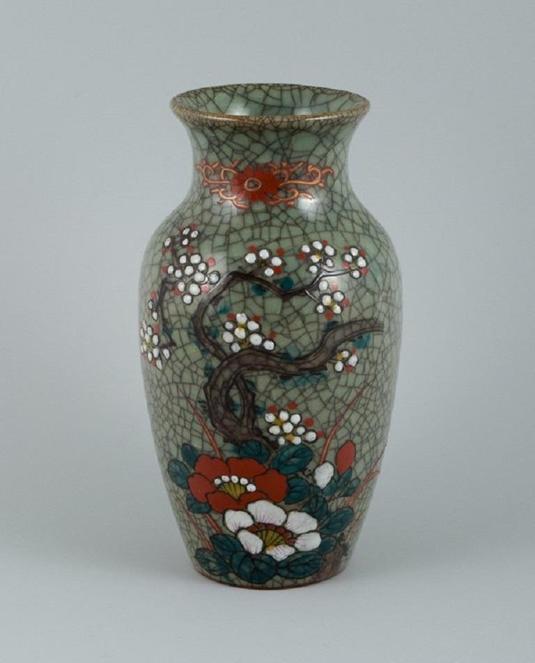 Asian Ceramic Vase, Hand-Painted with Classic Floral Motif For Sale