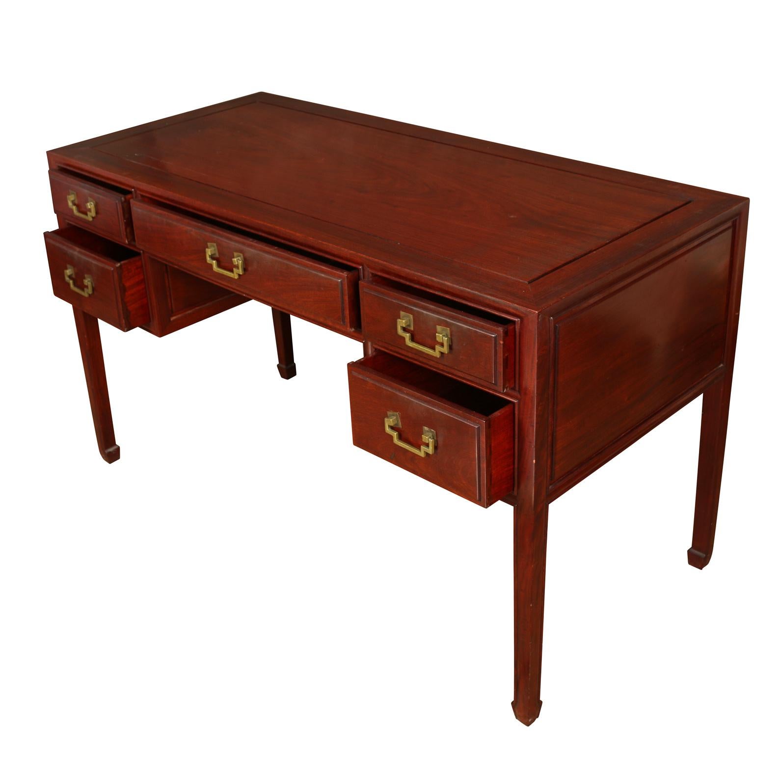 Asian style cherry five drawer desk with Asian style brass hardware.
