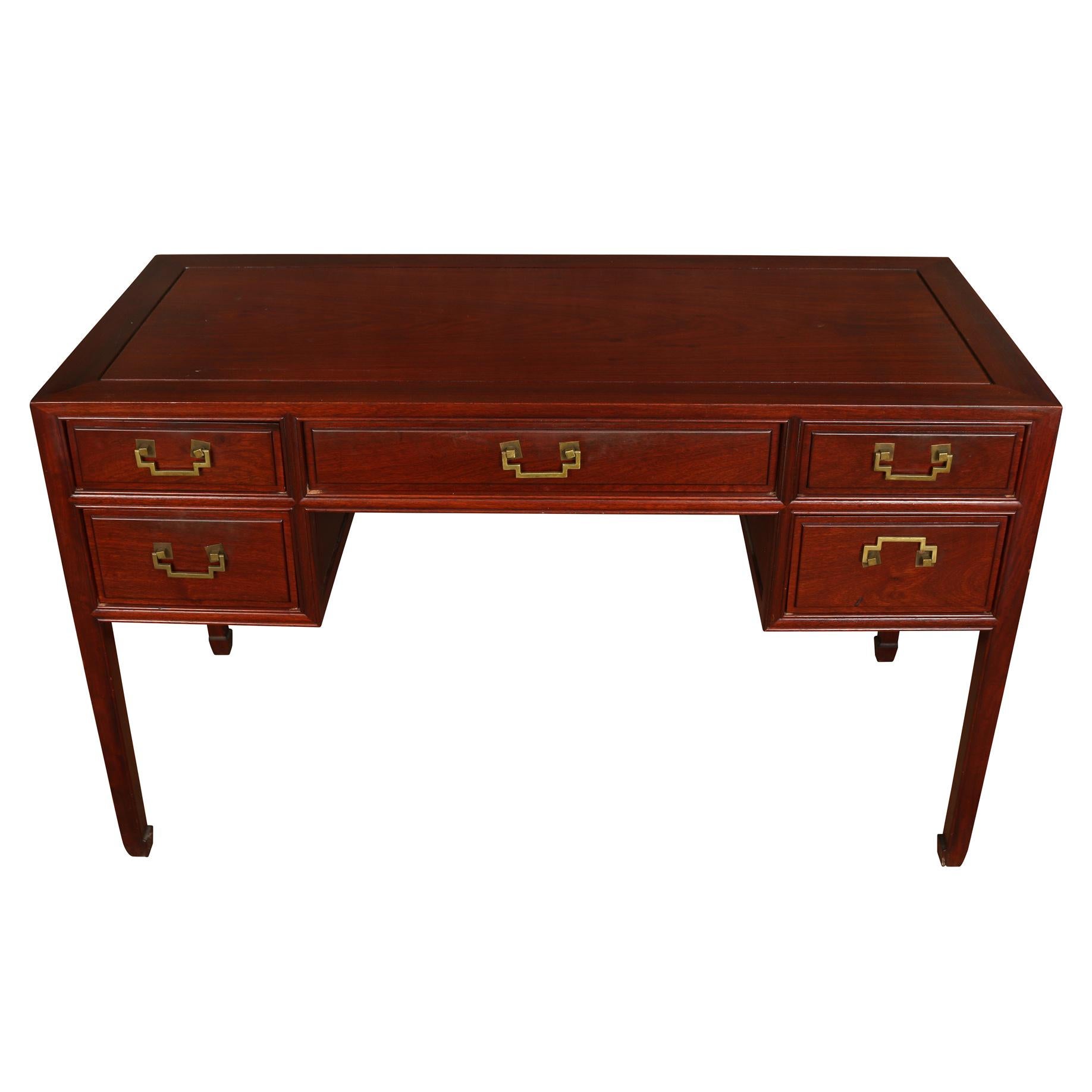Asian Cherry Wood Five Drawer Desk with Brass Hardware