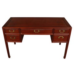 Asian Cherry Wood Five Drawer Desk with Brass Hardware