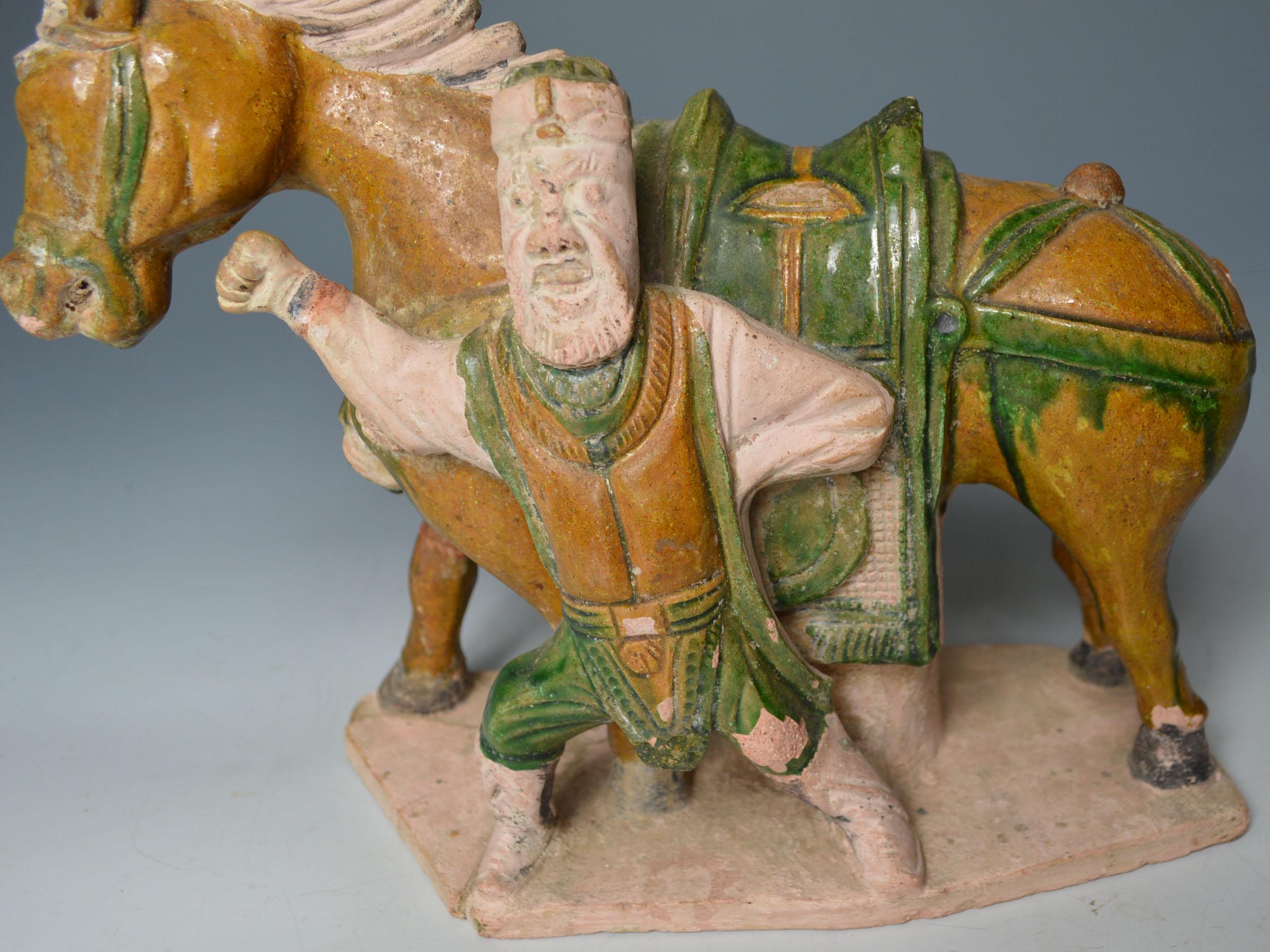 Asian Chinese Art Antique Ming Dynasty Horse Warrior Figure, circa 1368-1644 In Fair Condition For Sale In London, GB