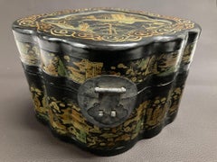 Asian Chinese Box Black Lacquered Gilt Painted 1940s