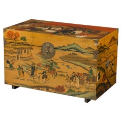 Asian Chinese Box Hand Painted with Depiction of a Village Gathering