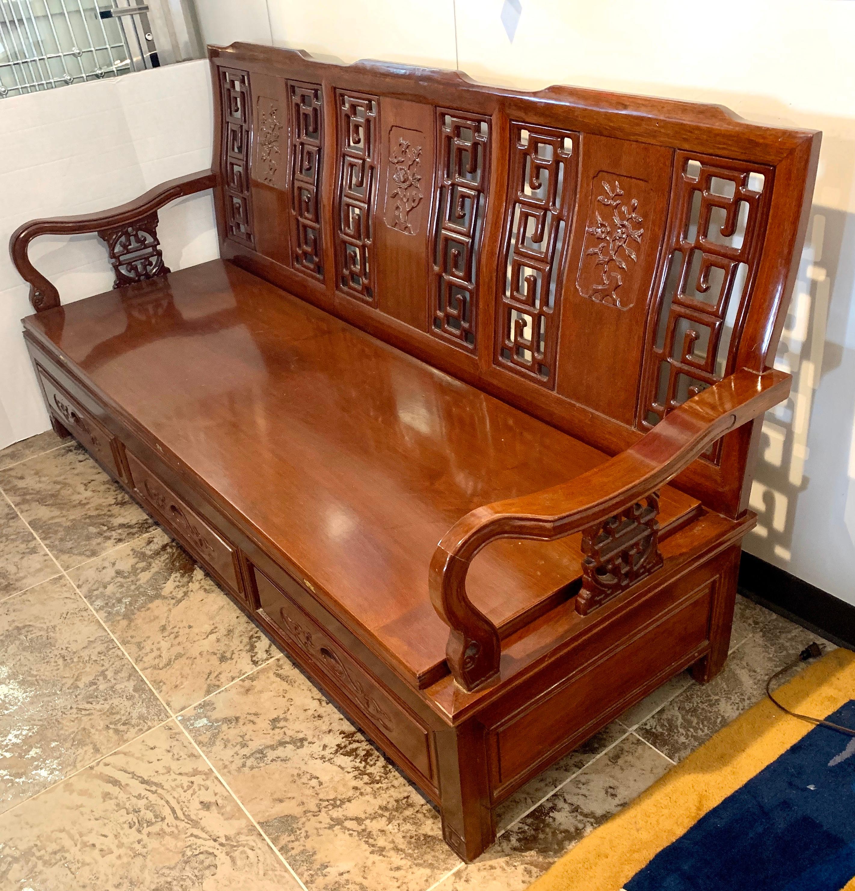 Rosewood Asian Chinese Carved Bench Settee Daybed