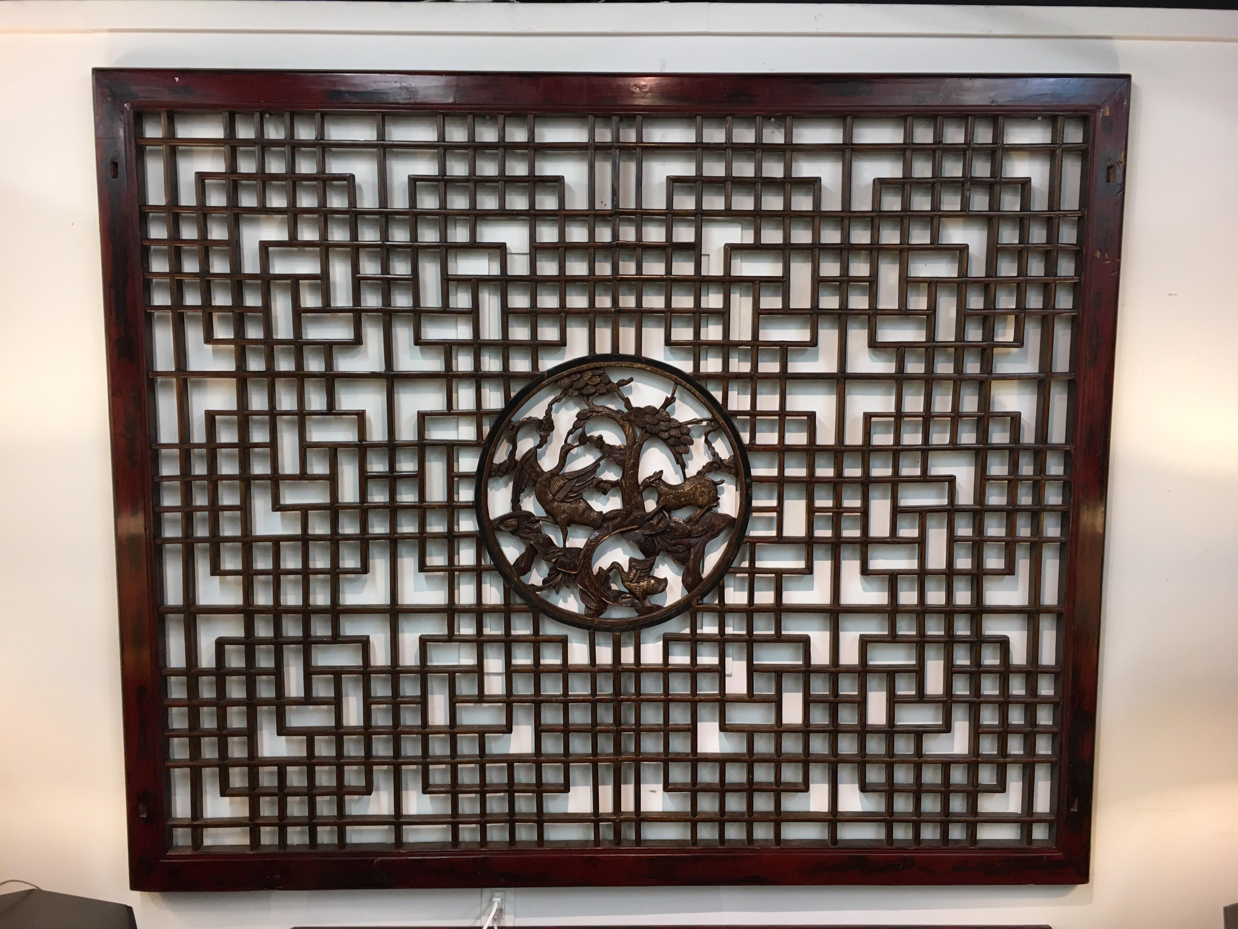 20th Century Asian Chinese Carved Mahogany Lattice Wall Sculpture Screen Panel Open Fretwork