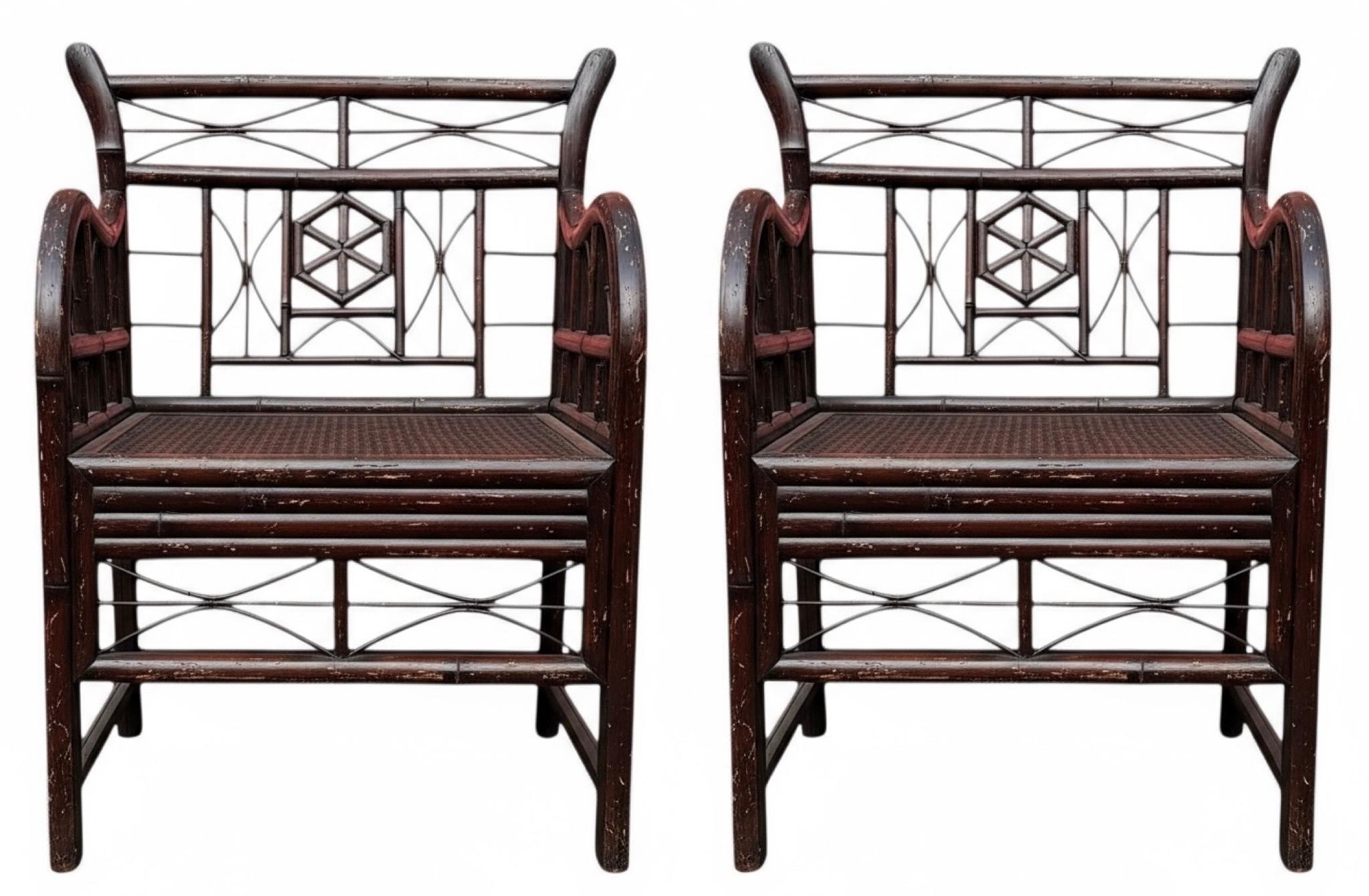 Cinese Poltrone di bambù ebanizzate in stile Asian Style cinese Chippendale - Coppia in vendita