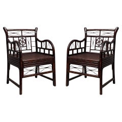 Asian Chinese Chippendale Style Ebonized Bamboo Arm Chairs - Pair