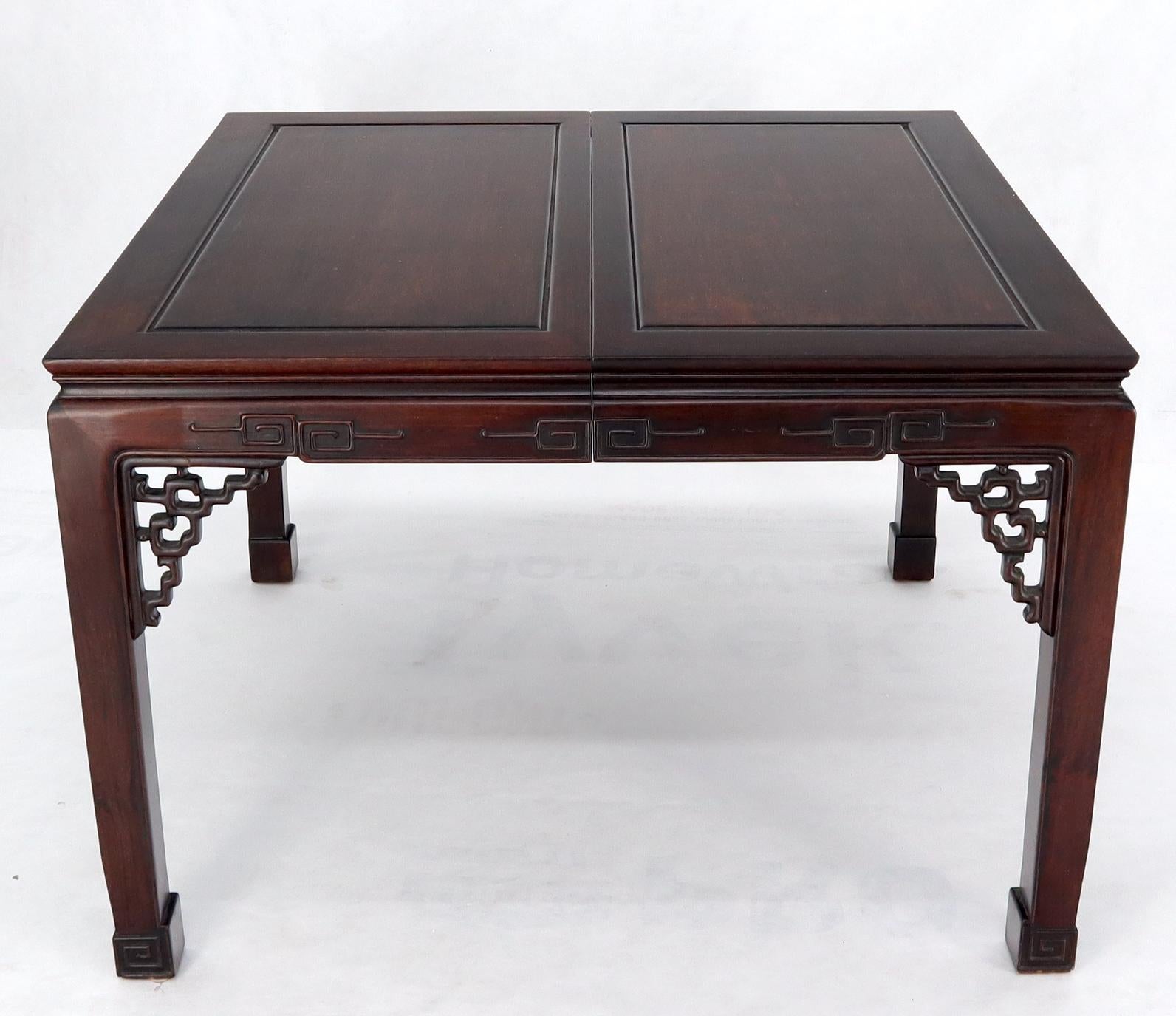 Solid rosewood Chinese Chippendale style square dining table with 2x22 leaves extension boards. Mid-Century Modern decor match.