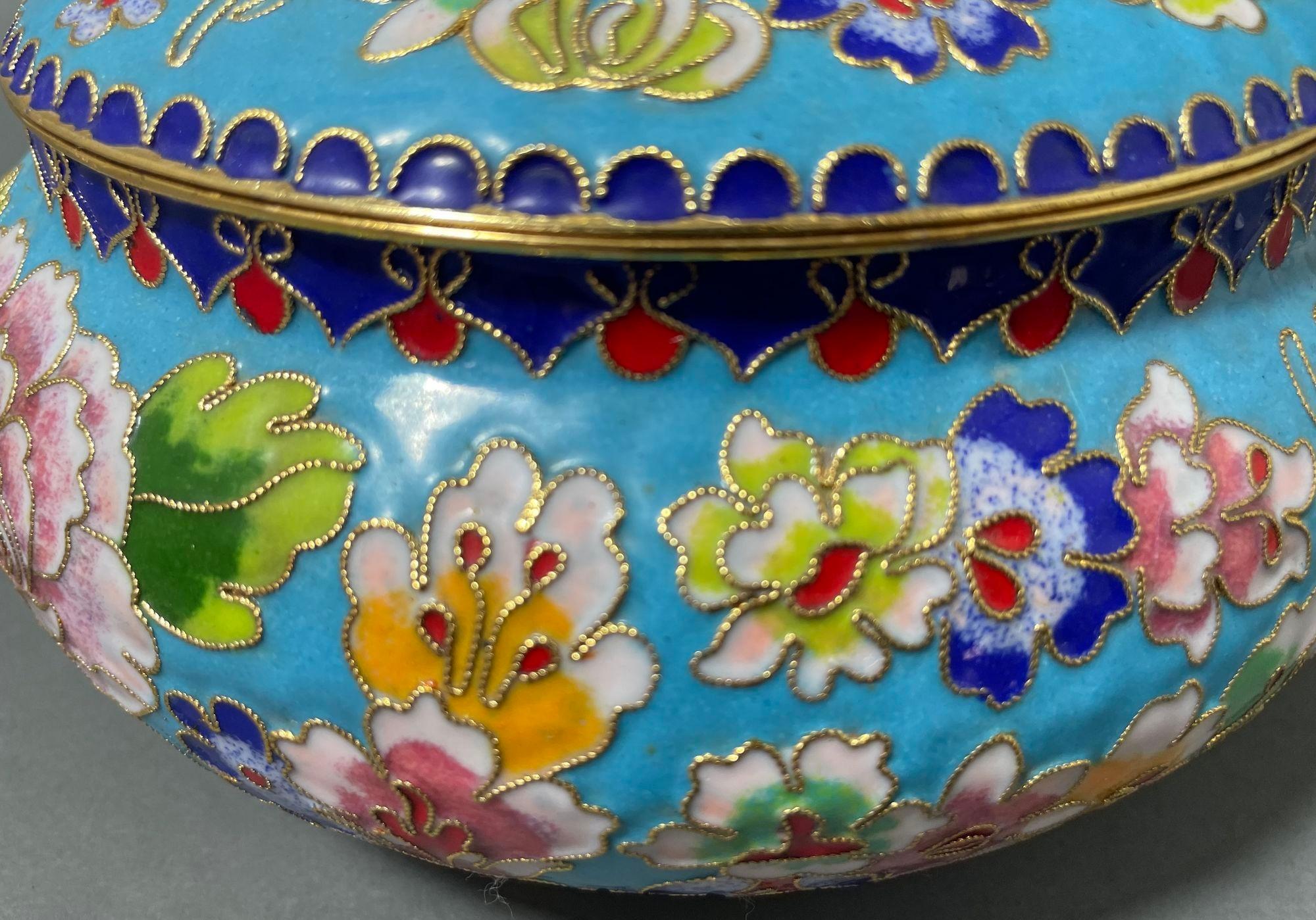 Asian Chinese Cloisone Box with Lid Turquoise Cobalt Pink Colors. 3