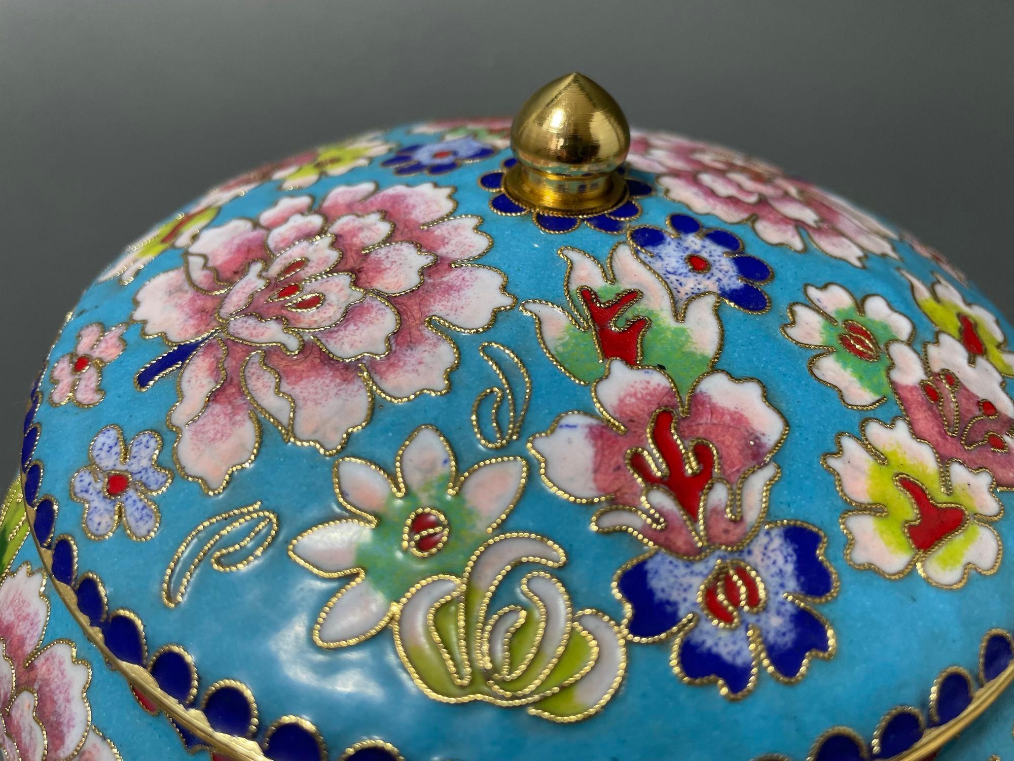 Asian Chinese Cloisone Box with Lid Turquoise Cobalt Pink Colors. 4
