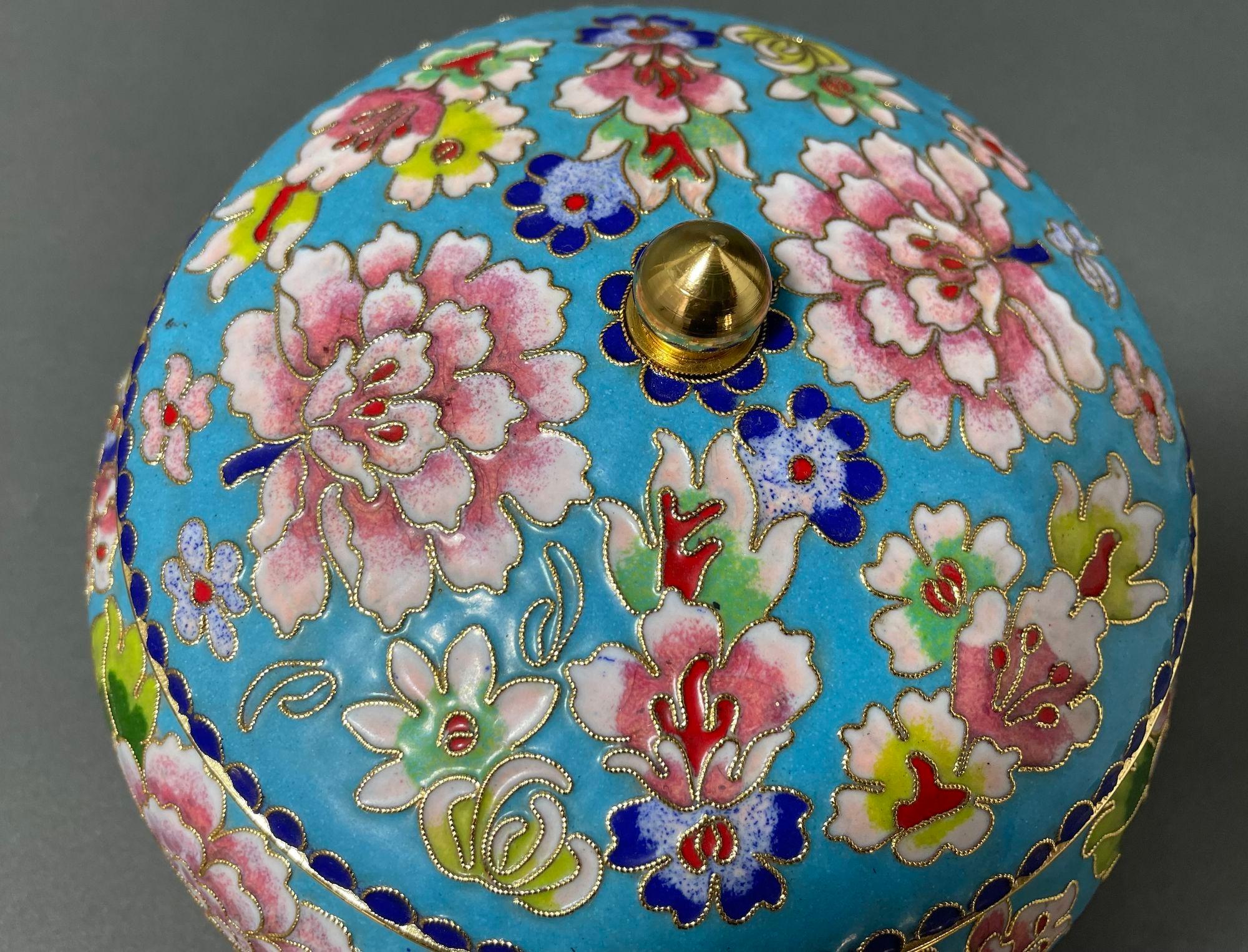 Asian Chinese Cloisone Box with Lid Turquoise Cobalt Pink Colors. 5
