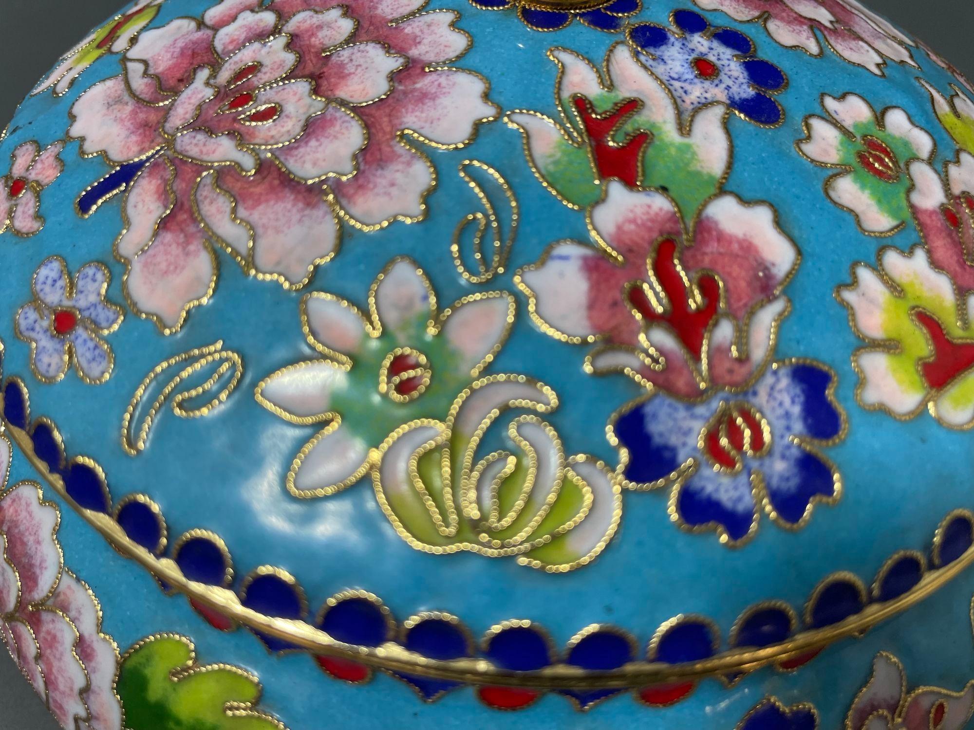 Asian Chinese Cloisone Box with Lid Turquoise Cobalt Pink Colors. 6