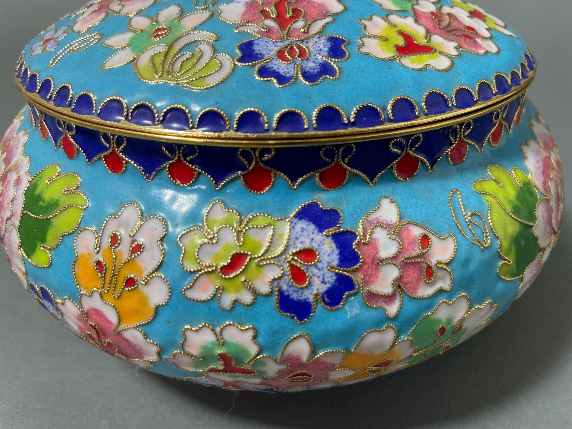 Asian Chinese Cloisone Box with Lid Turquoise Cobalt Pink Colors. 9