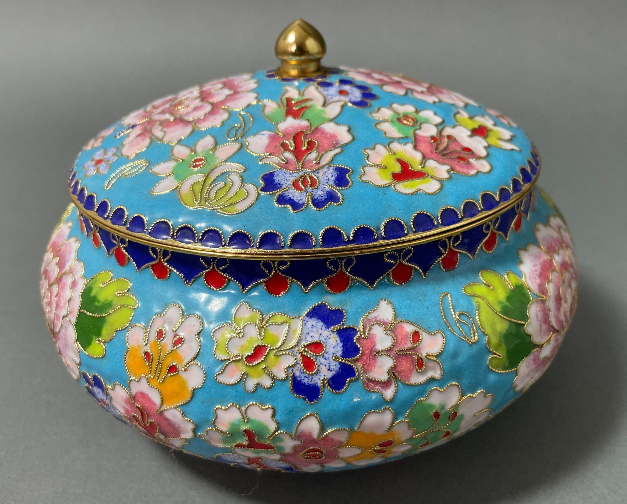 Asian Chinese Cloisone Box with Lid Turquoise Cobalt Pink Colors. 11