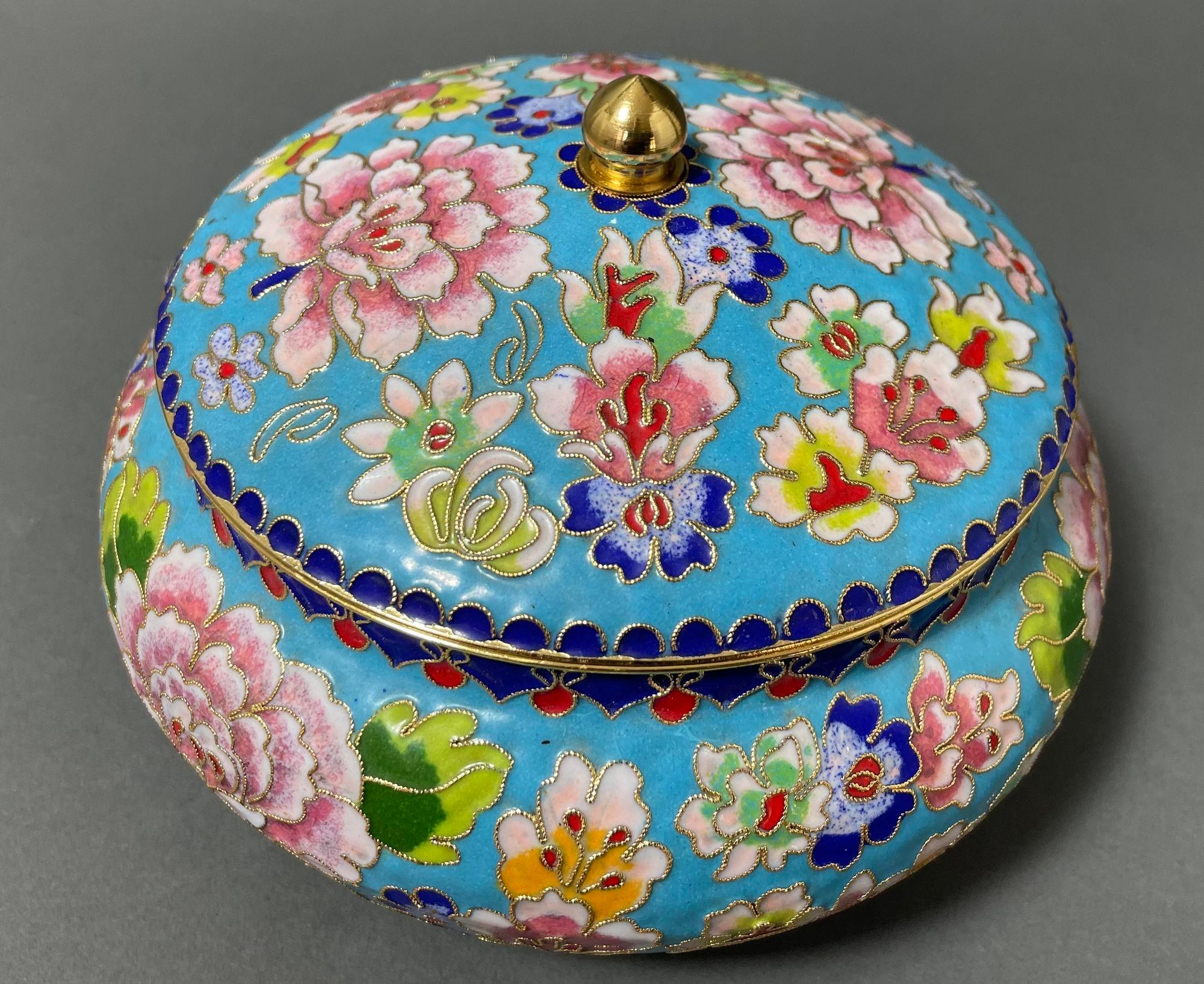 Chinoiserie Asian Chinese Cloisone Box with Lid Turquoise Cobalt Pink Colors.