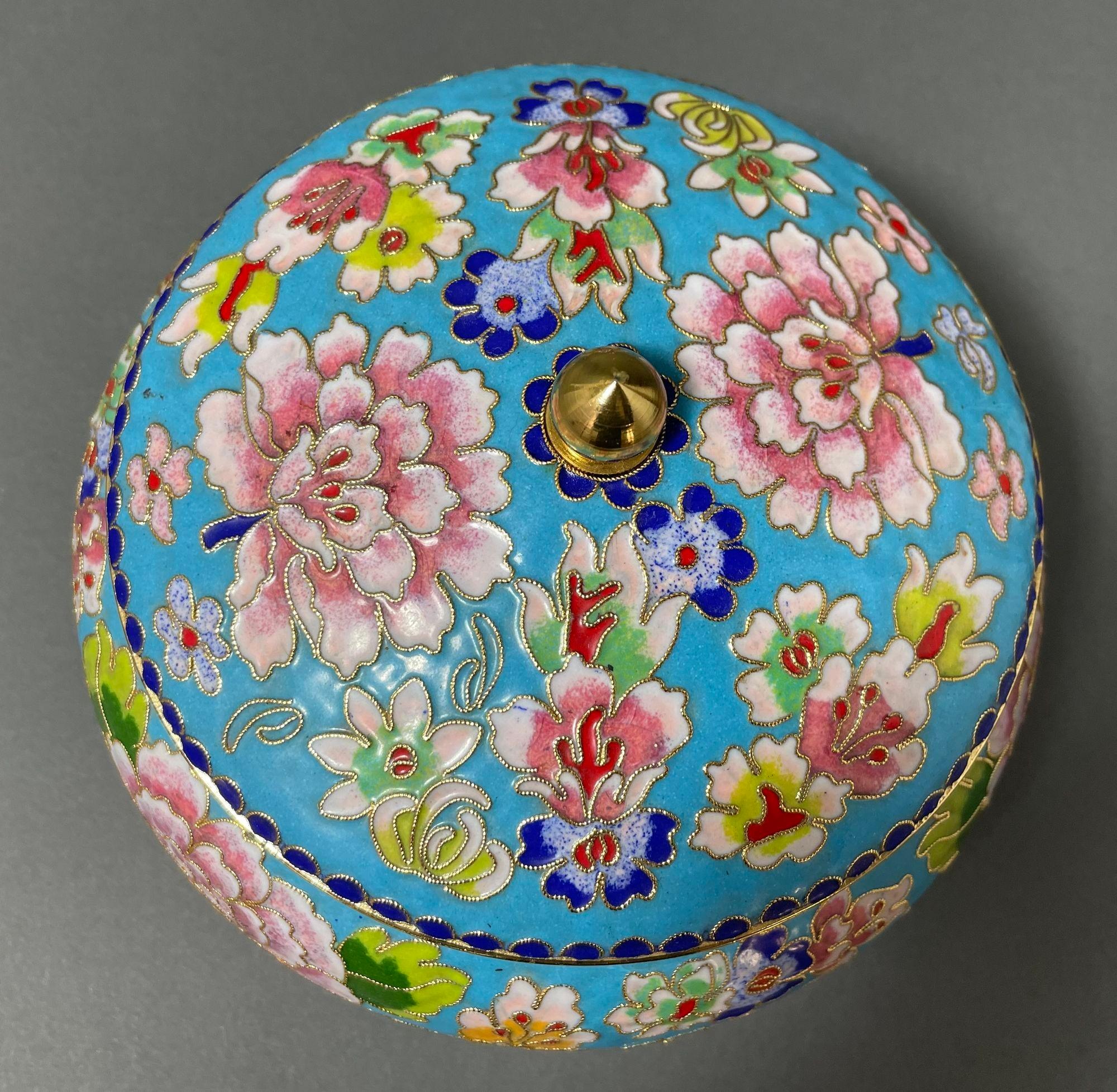 Enameled Asian Chinese Cloisone Box with Lid Turquoise Cobalt Pink Colors.